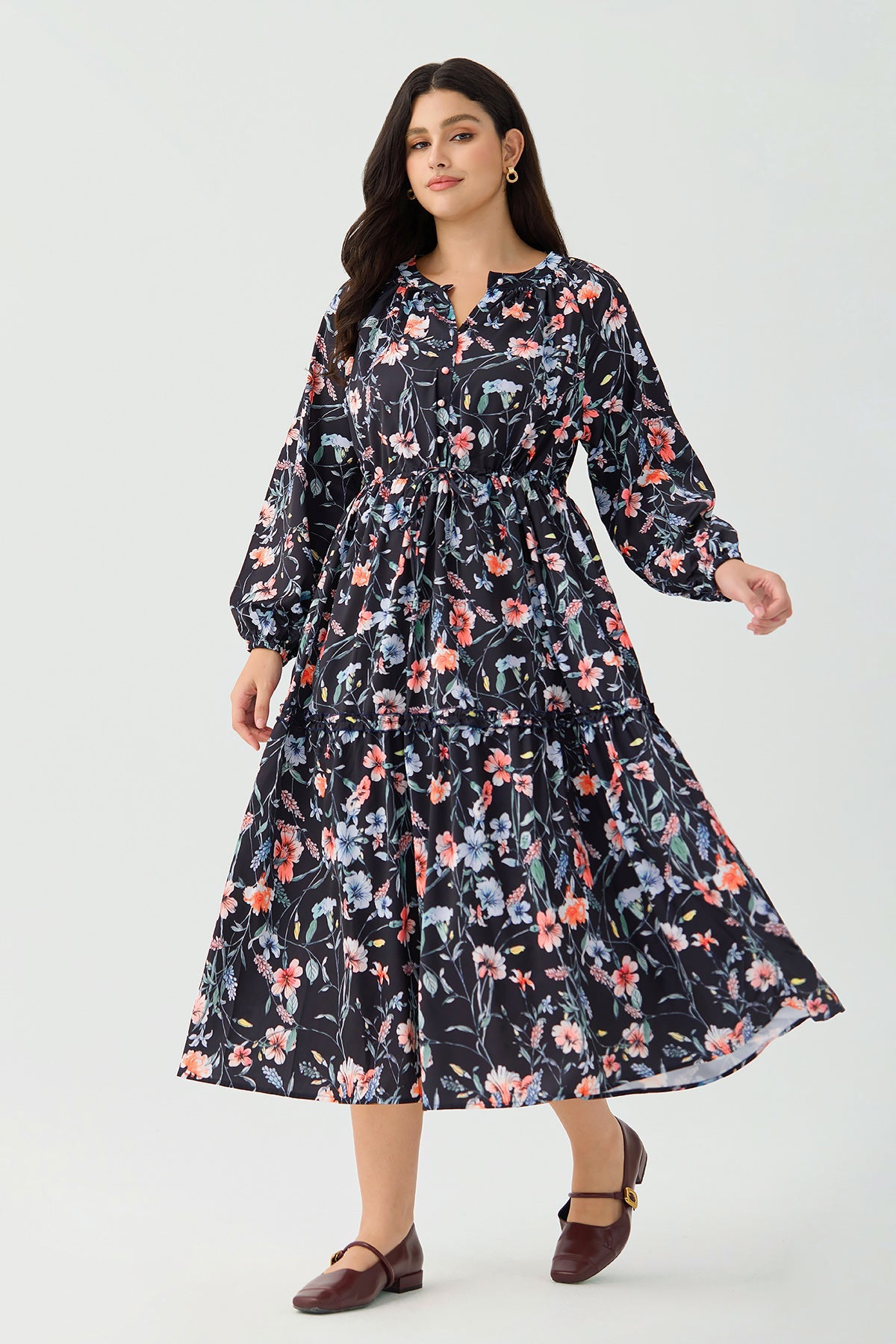 Ritera Pockets Star Floral Print Drawstring Waist Tiered Midi Dress