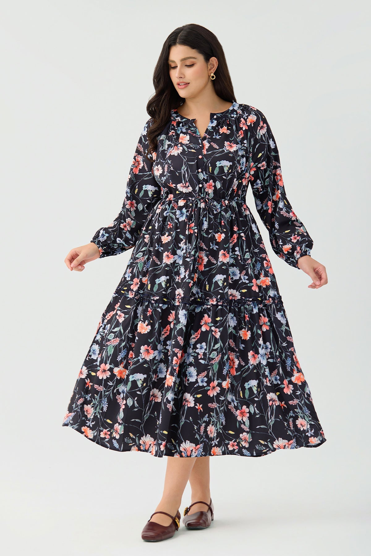Ritera Pockets Star Floral Print Drawstring Waist Tiered Midi Dress