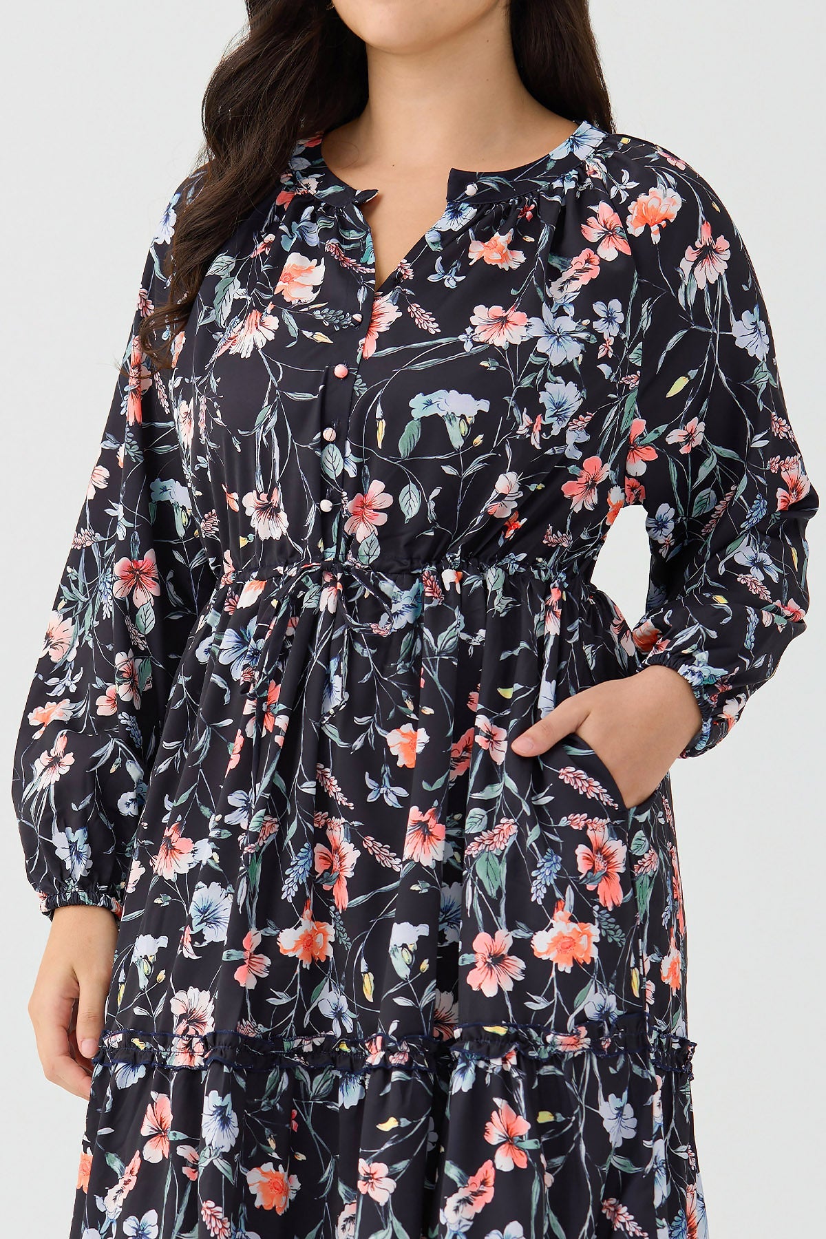 Ritera Pockets Star Floral Print Drawstring Waist Tiered Midi Dress