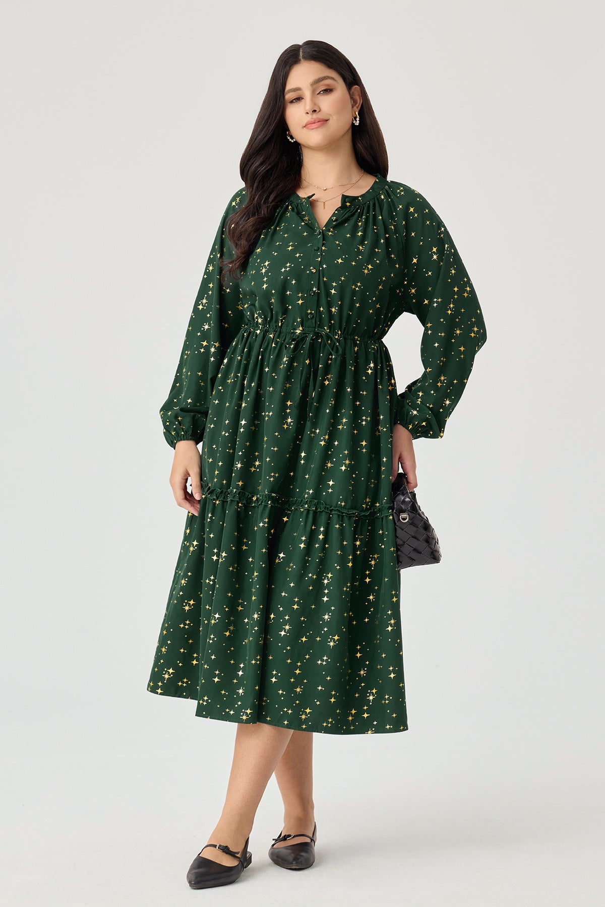 Ritera Pockets Star Floral Print Drawstring Waist Tiered Midi Dress