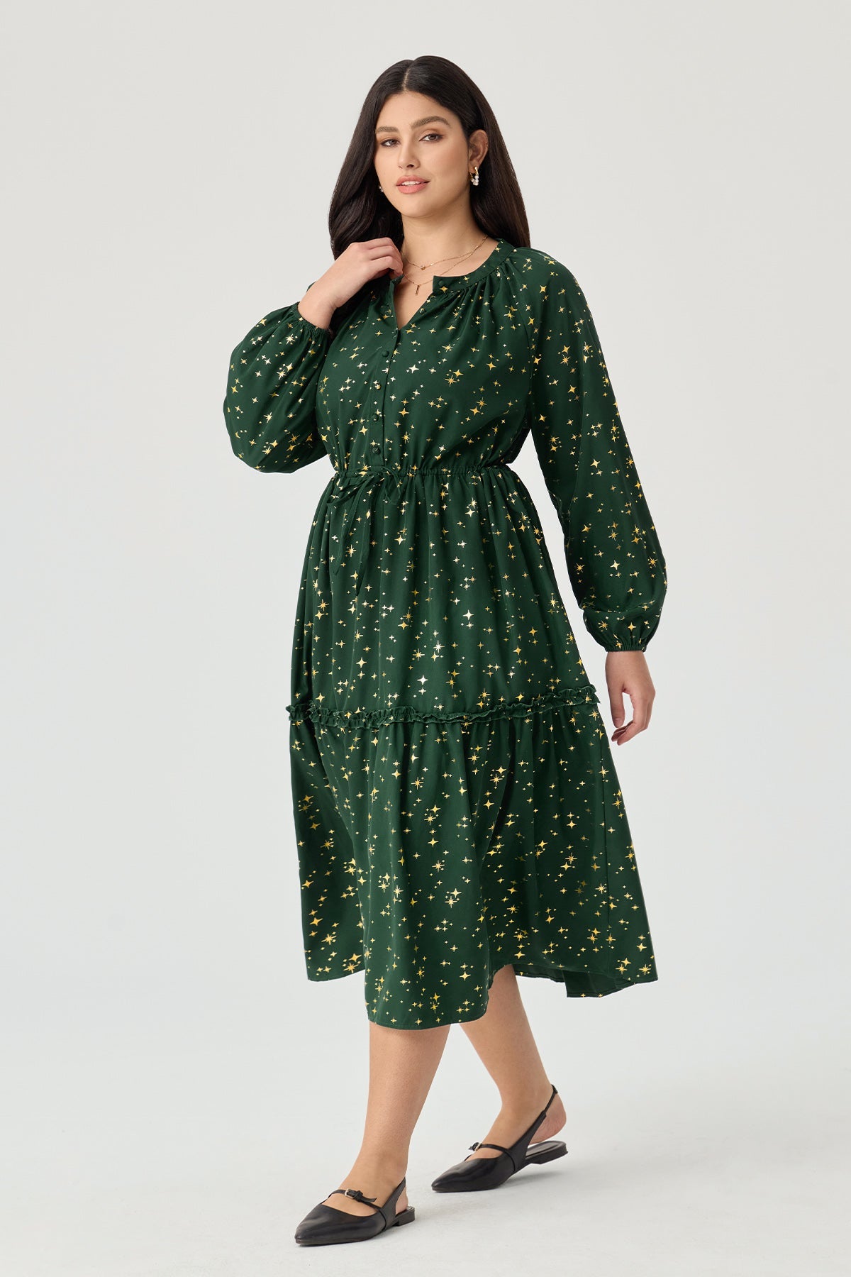 Ritera Pockets Star Floral Print Drawstring Waist Tiered Midi Dress