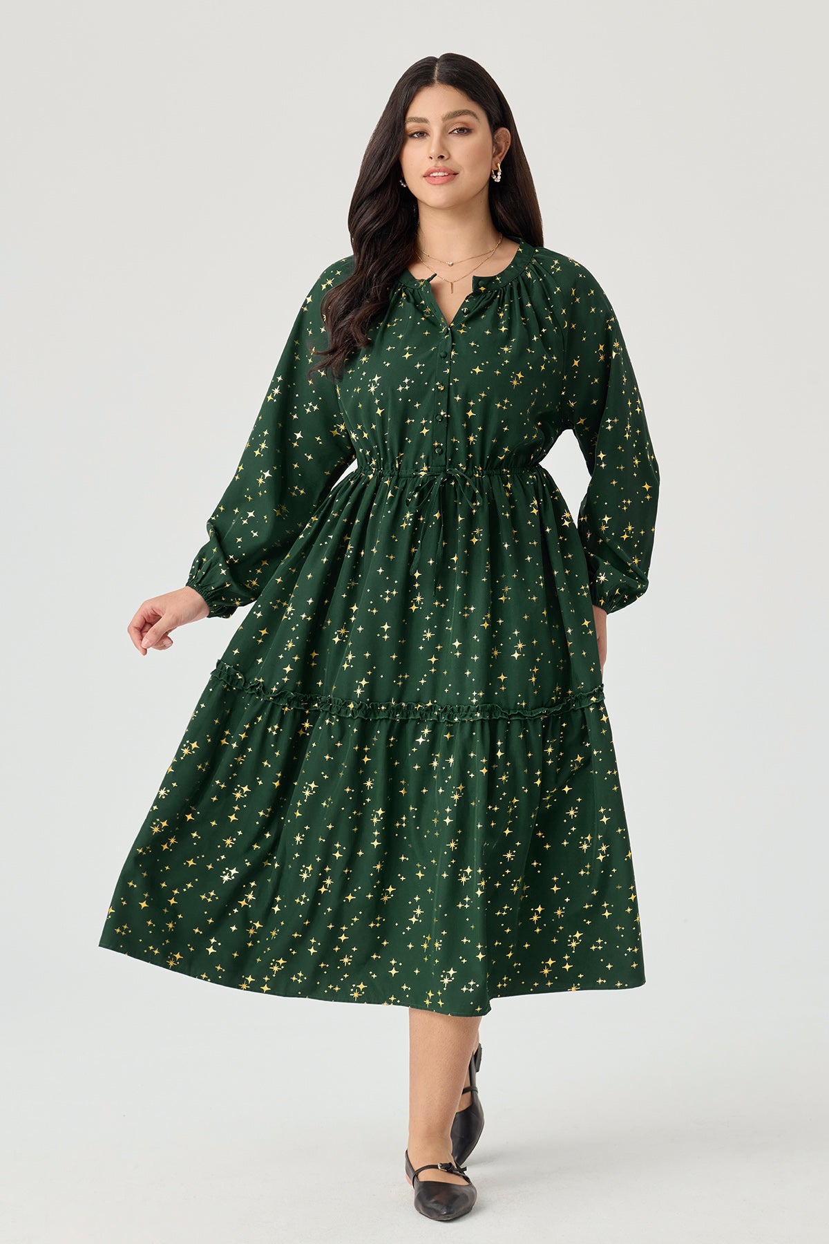 Ritera Pockets Star Floral Print Drawstring Waist Tiered Midi Dress