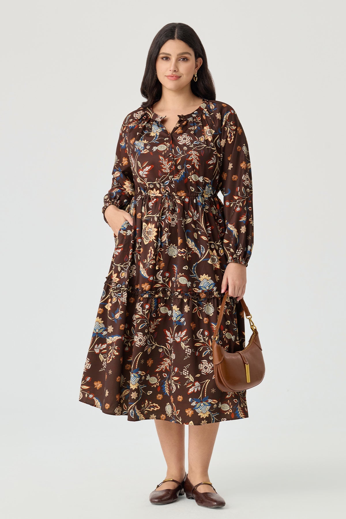 Ritera Pockets Star Floral Print Drawstring Waist Tiered Midi Dress