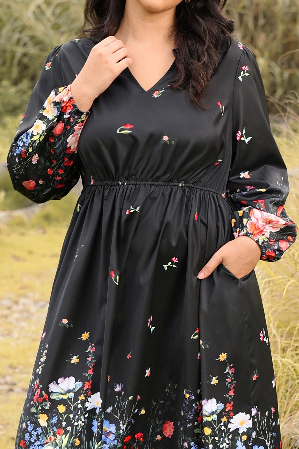 Ritera Pockets Cinched Waist A-Line Floral-Print Midi Dress
