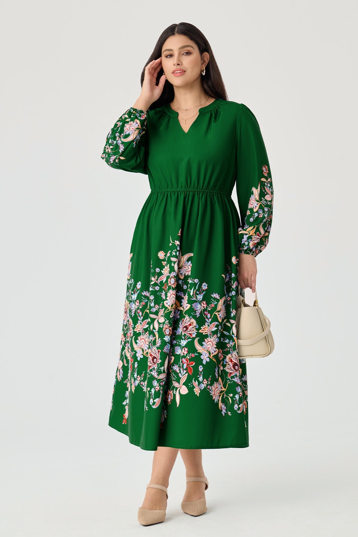 Floral Printed V Neck Long Sleeve Midi Dress