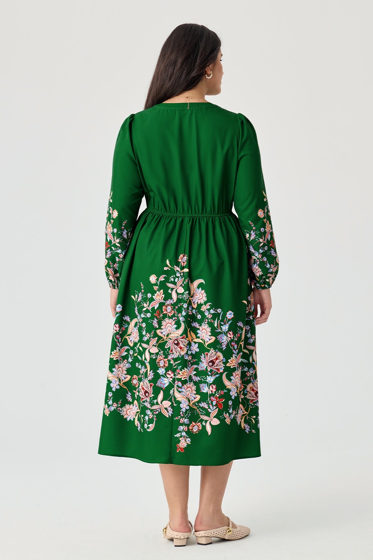 Floral Printed V Neck Long Sleeve Midi Dress