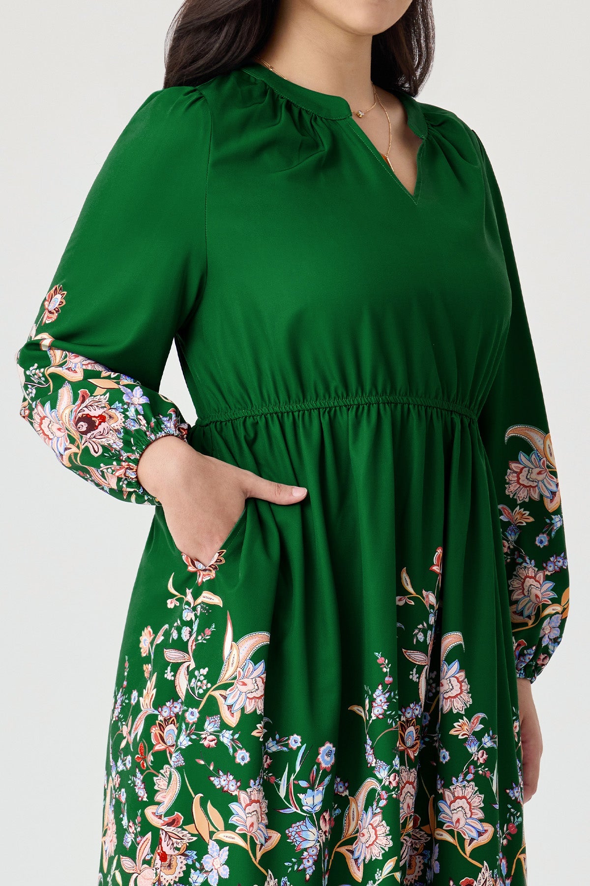 Floral Printed V Neck Long Sleeve Midi Dress