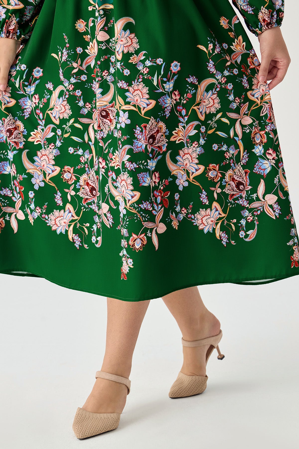 Floral Printed V Neck Long Sleeve Midi Dress