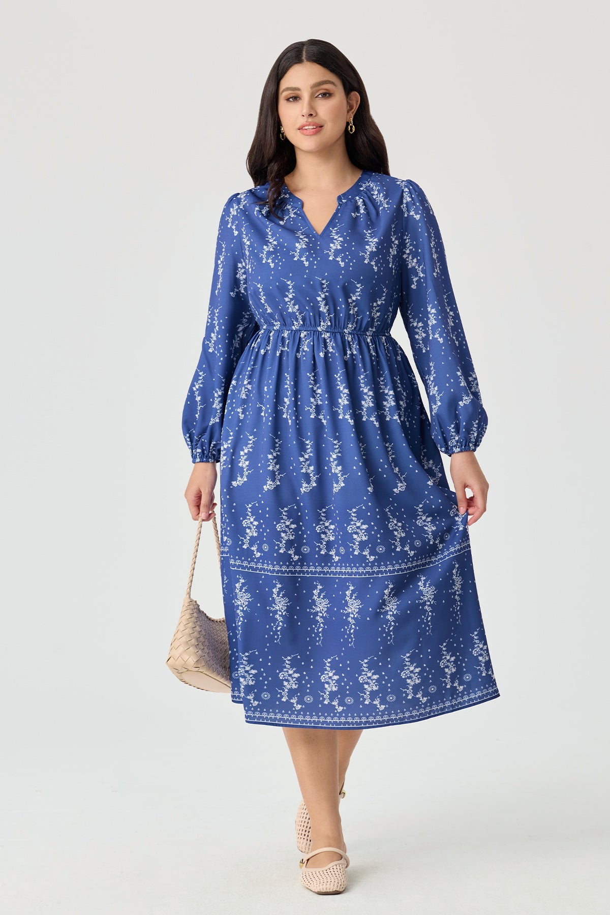 Floral Print V Neck Balloon Sleeve Smocked Waist Midi Dress