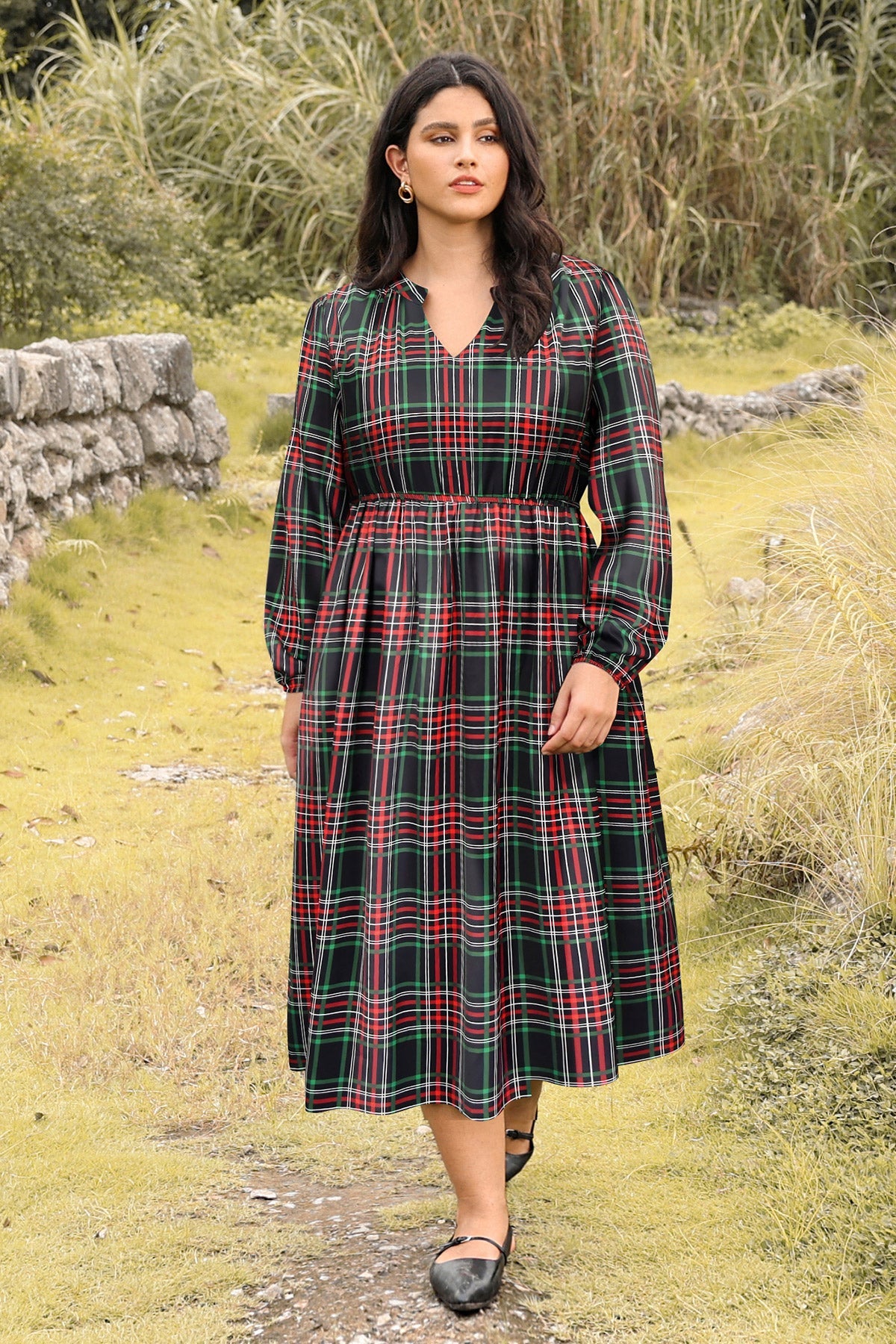 Ritera Pockets Cinched Waist A-Line Plaid-Print Midi Dress