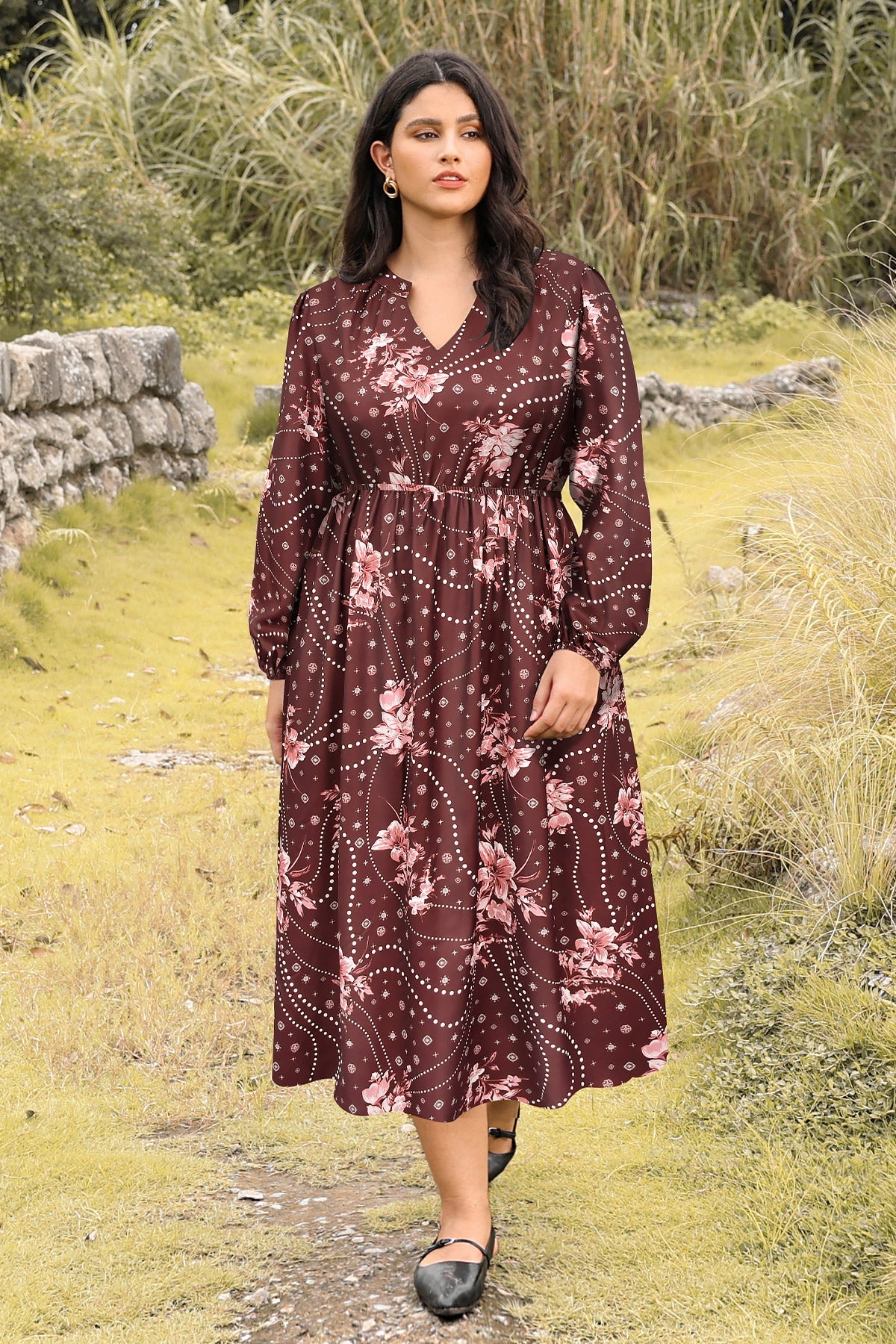 Ritera Pockets Cinched Waist A-Line Floral-Print Midi Dress