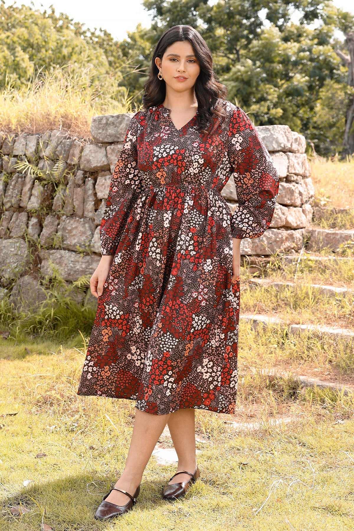 Ritera Pockets Cinched Waist A-Line Floral-Print Midi Dress