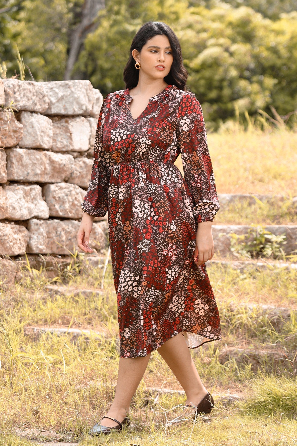 Ritera Pockets Cinched Waist A-Line Floral-Print Midi Dress