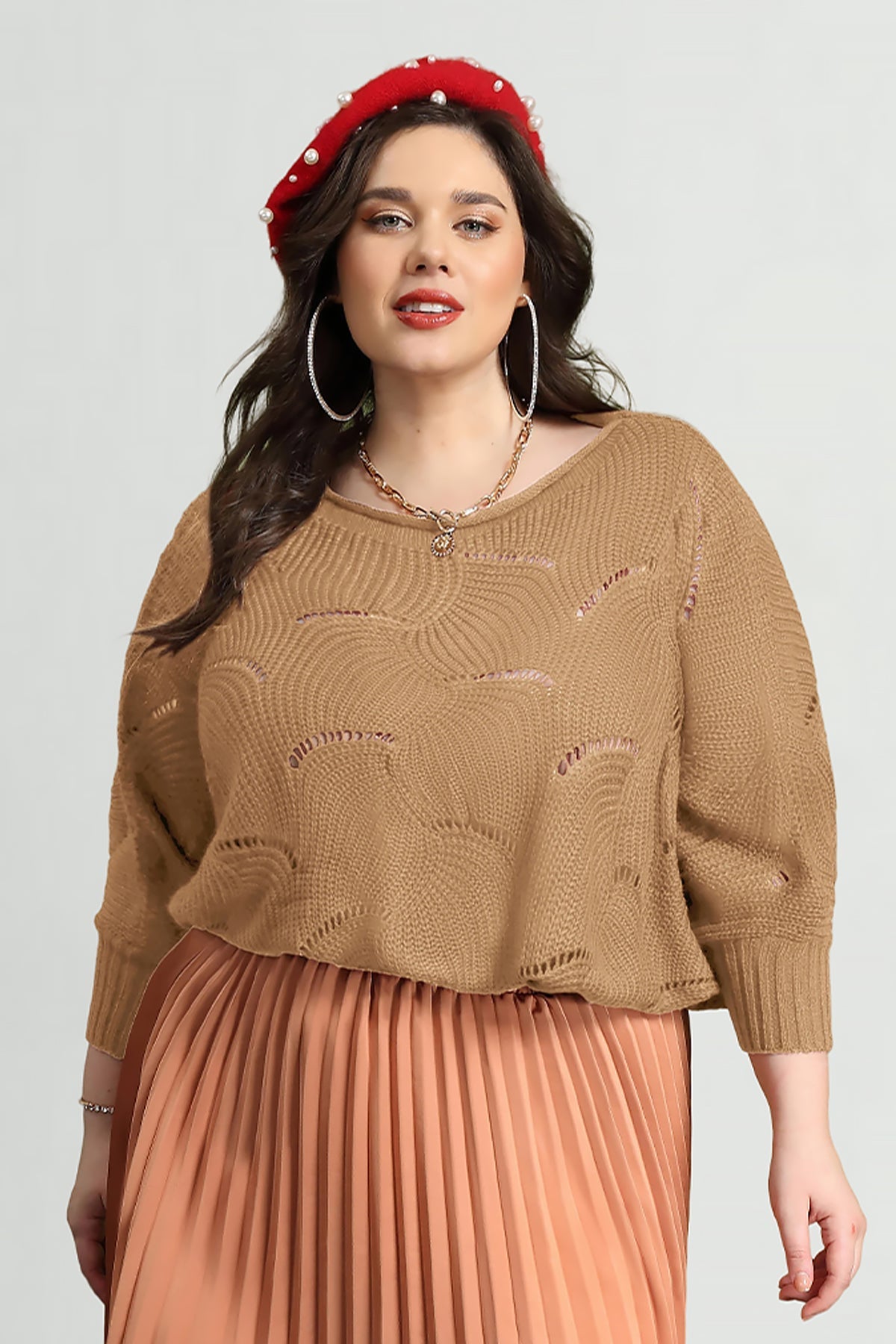 Ritera Solid Hollow Out Batwing Cashmere Knit Sweater