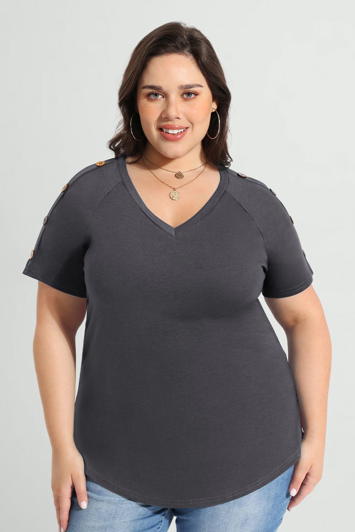 Ritera Plain V-neck Button Detail Short Sleeve T-Shirt