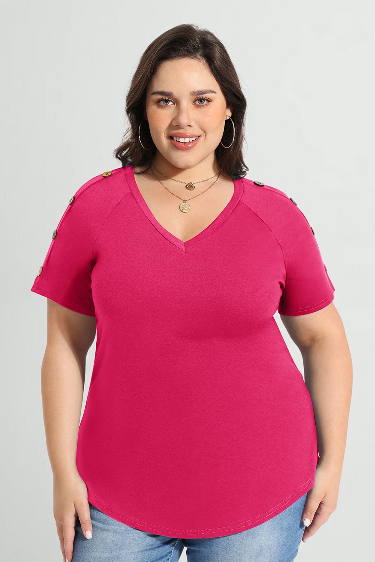 Ritera Plain V-neck Button Detail Short Sleeve T-Shirt