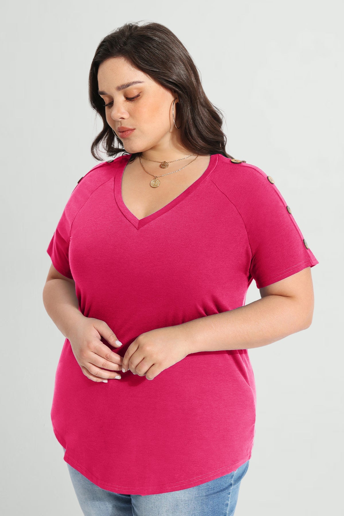 Ritera Plain V-neck Button Detail Short Sleeve T-Shirt