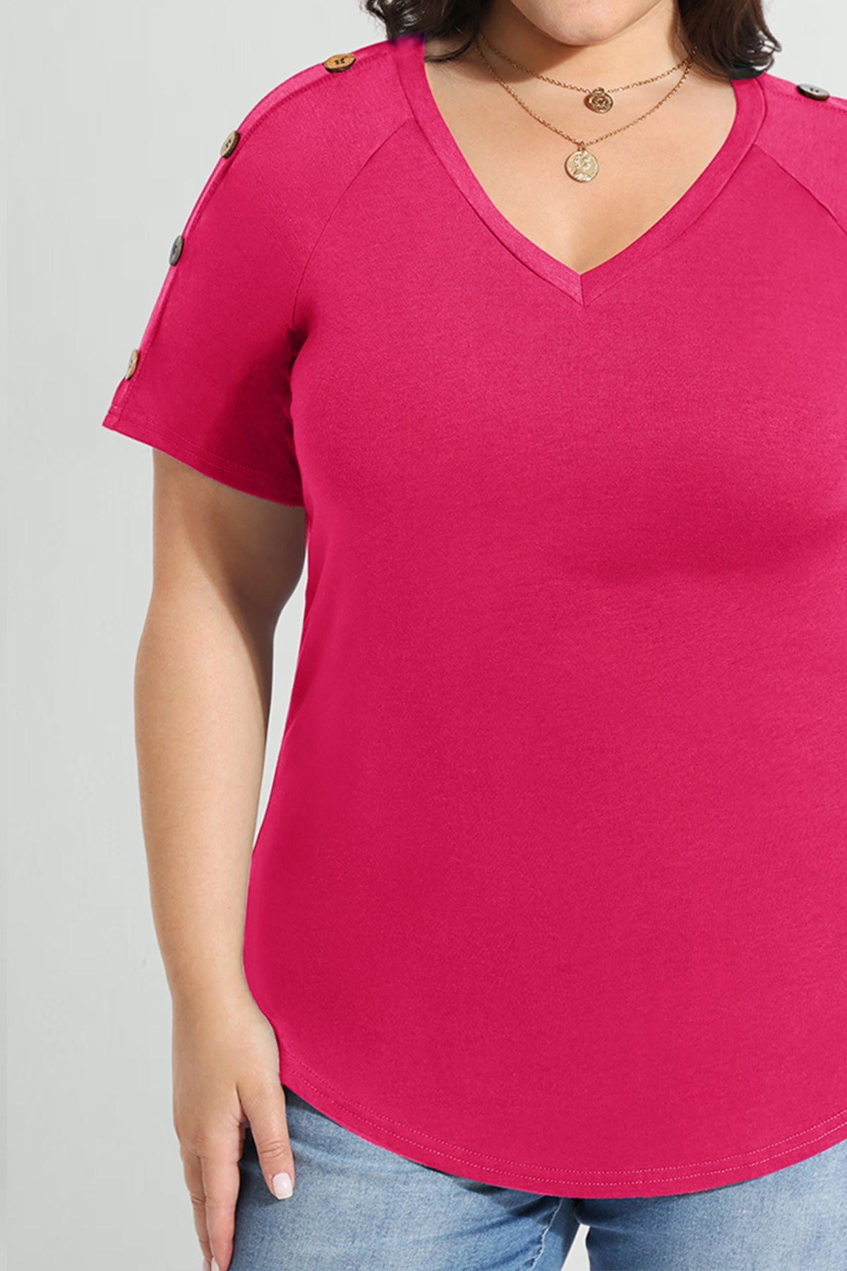 Ritera Plain V-neck Button Detail Short Sleeve T-Shirt