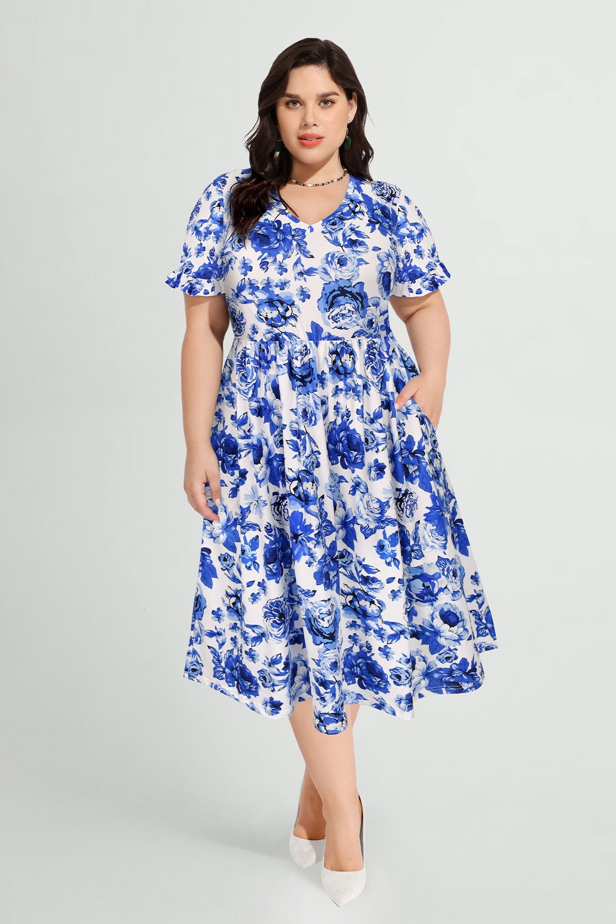 Ritera Pocket Floral Print Ruffle Sleeve Midi Dress