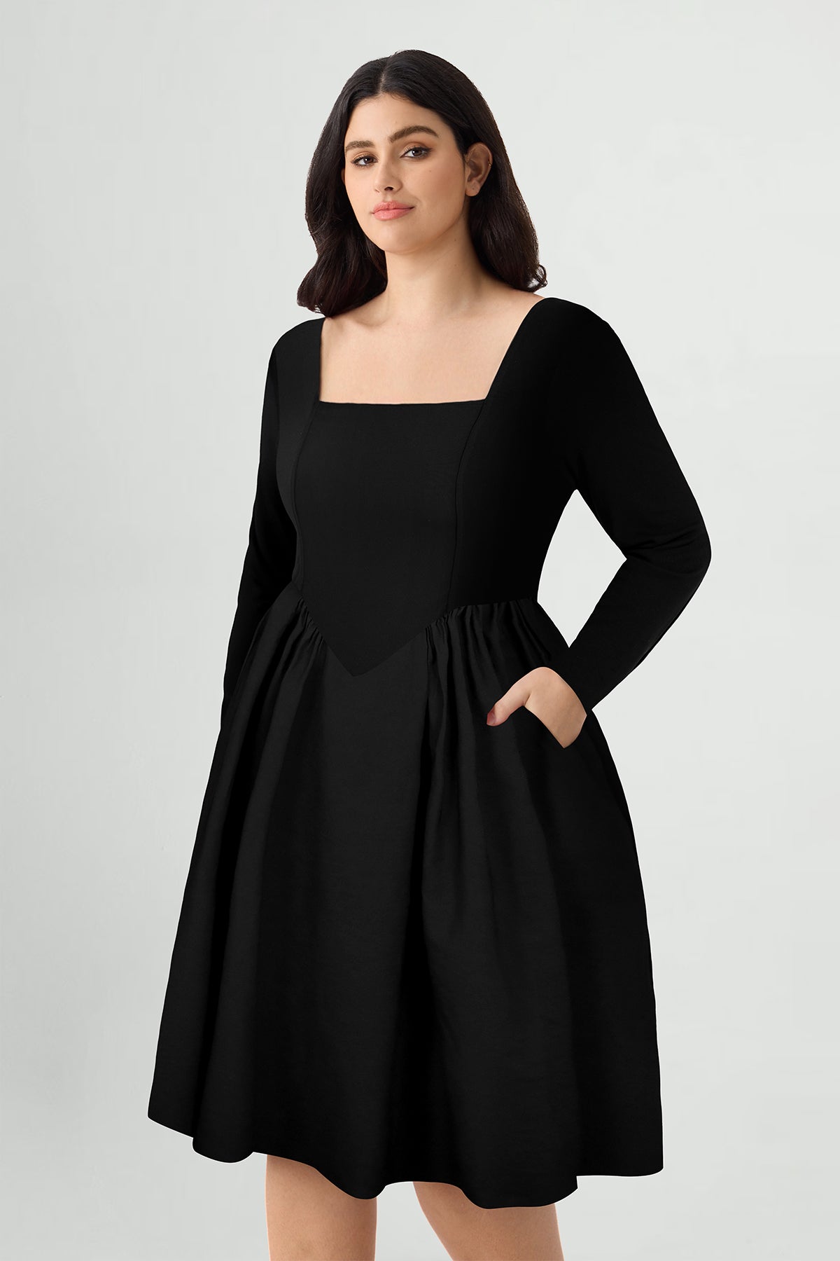 Ritera Pockets Square Neck Pleated Mini Dress