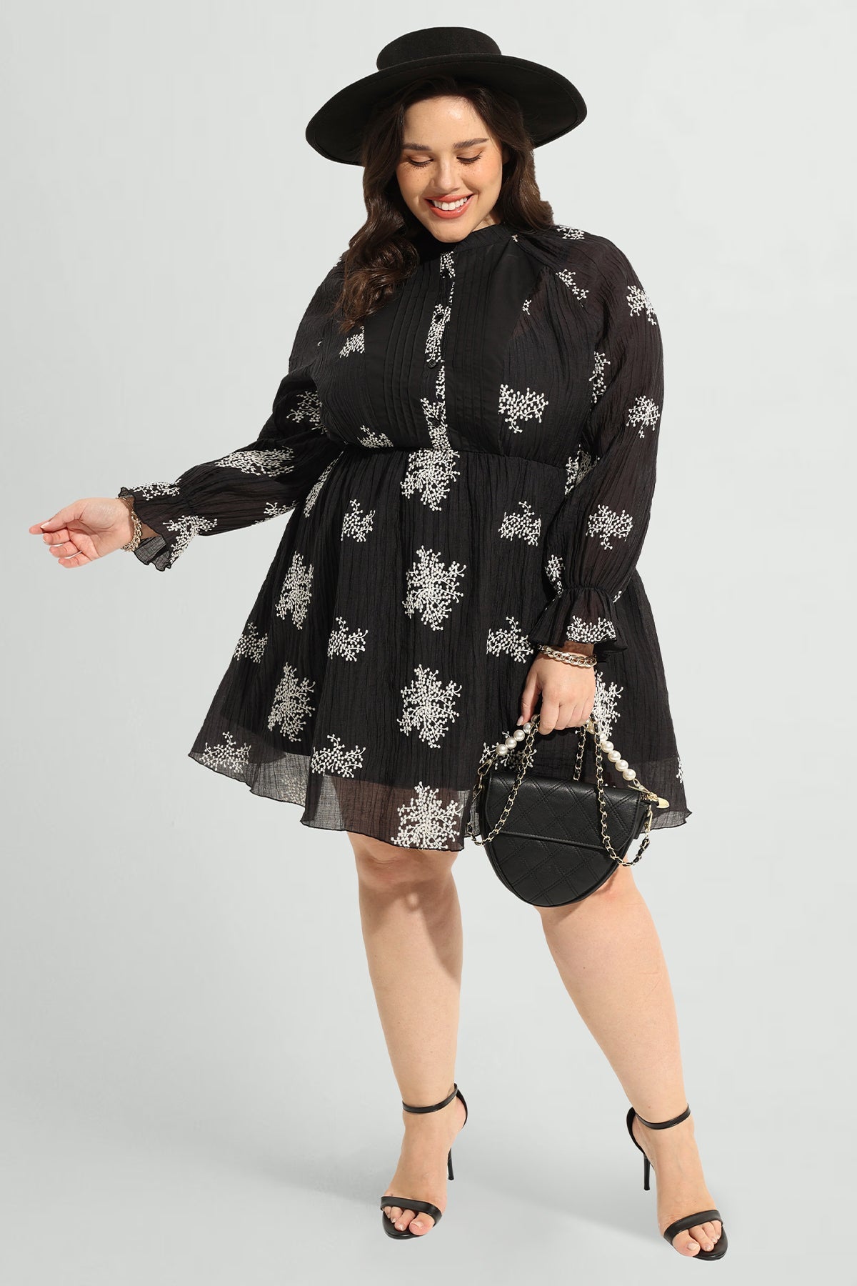 Snowflake Print Split Neck Button Down Mini Dress