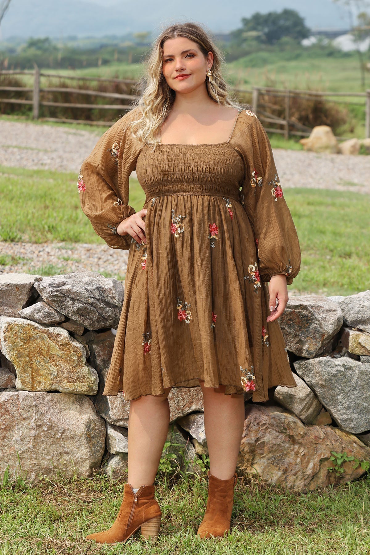 Ritera Embroidered Floral Shirred Square Neck A-line Midi Dress