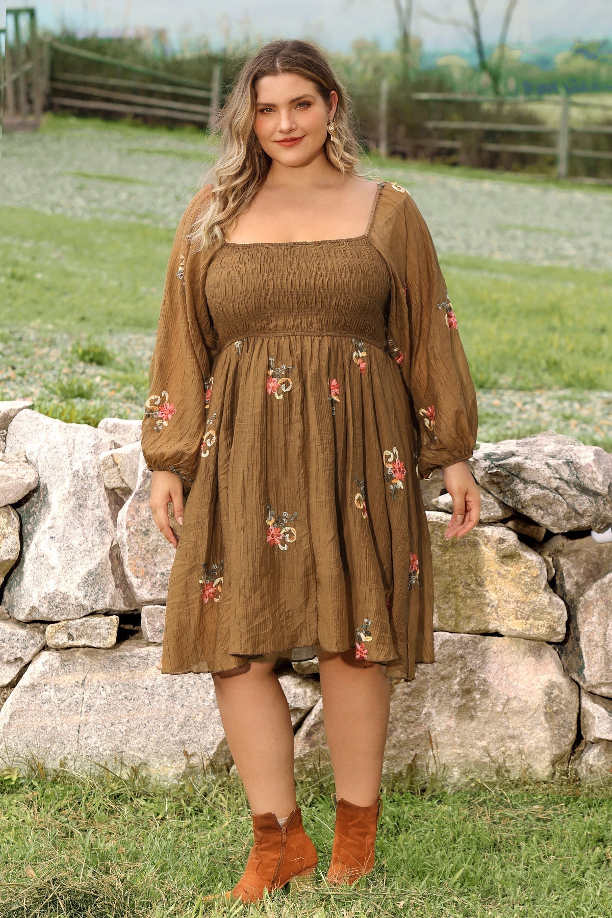 Ritera Embroidered Floral Shirred Square Neck A-line Midi Dress