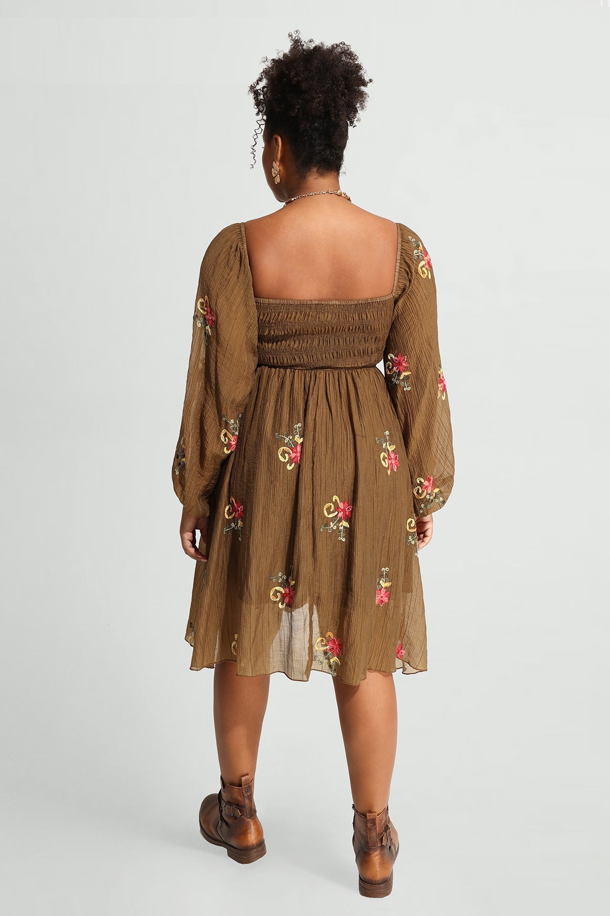 Ritera Embroidered Floral Shirred Square Neck A-line Midi Dress