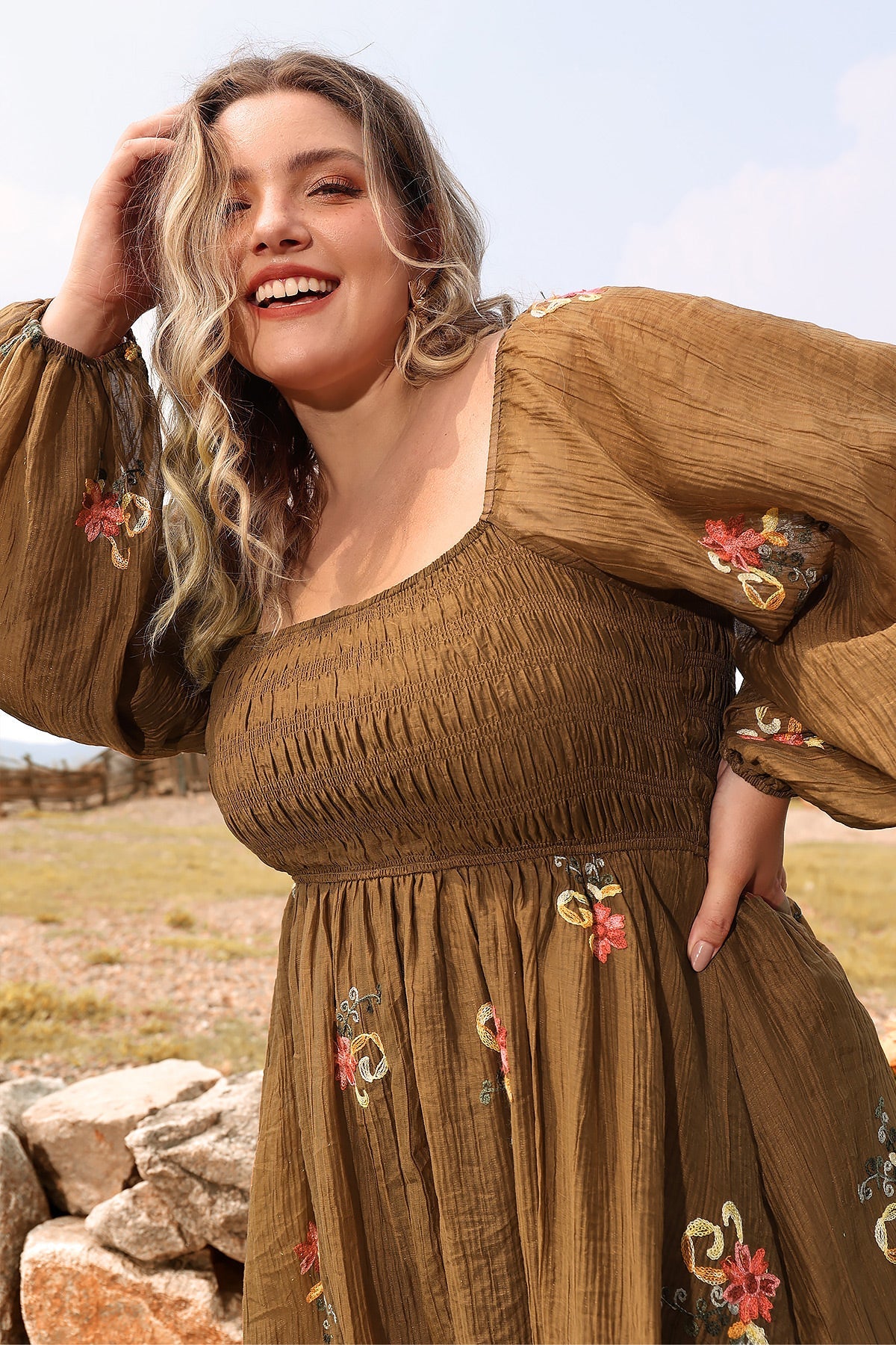 Ritera Embroidered Floral Shirred Square Neck A-line Midi Dress