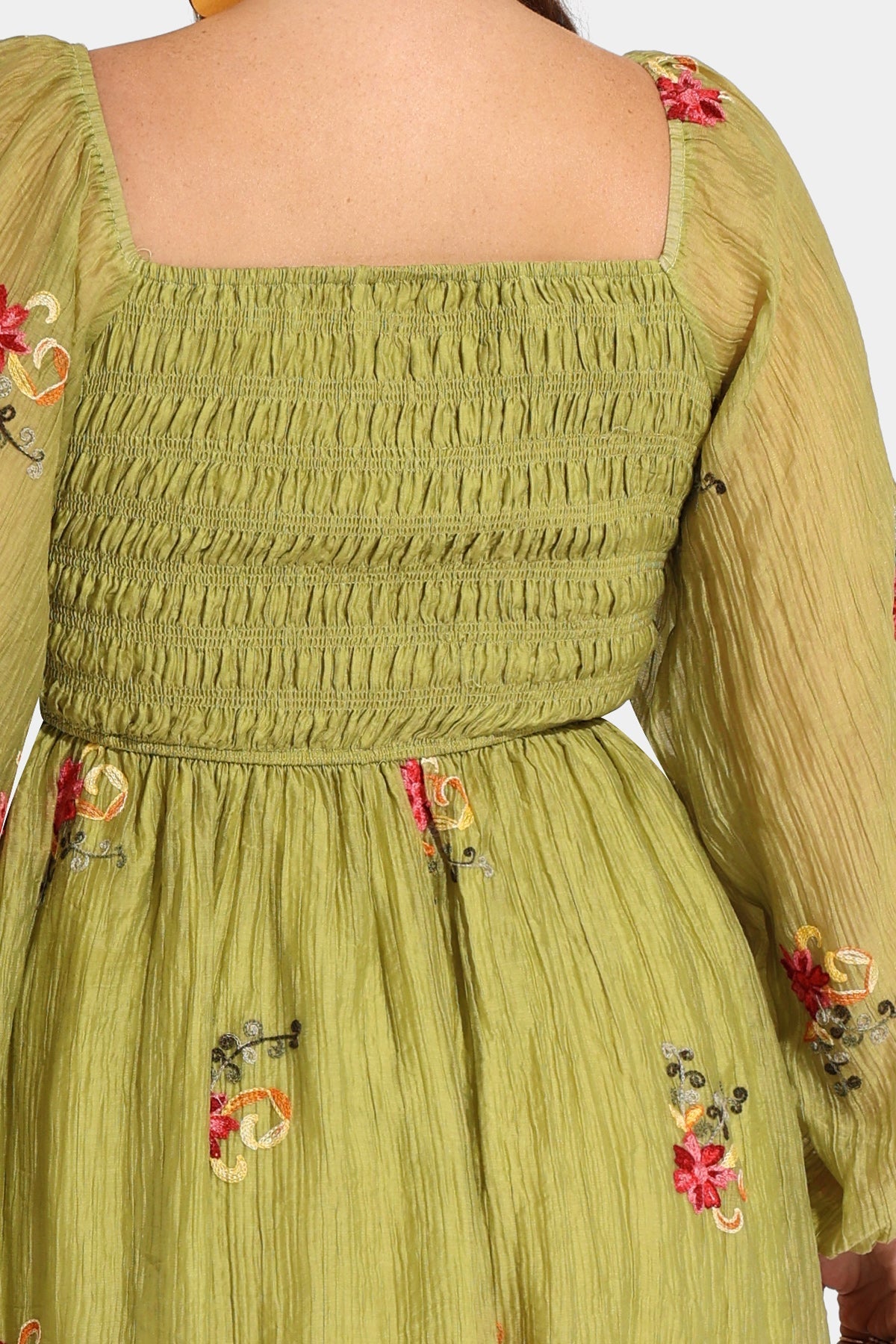 Ritera Embroidered Floral Shirred Square Neck A-line Midi Dress