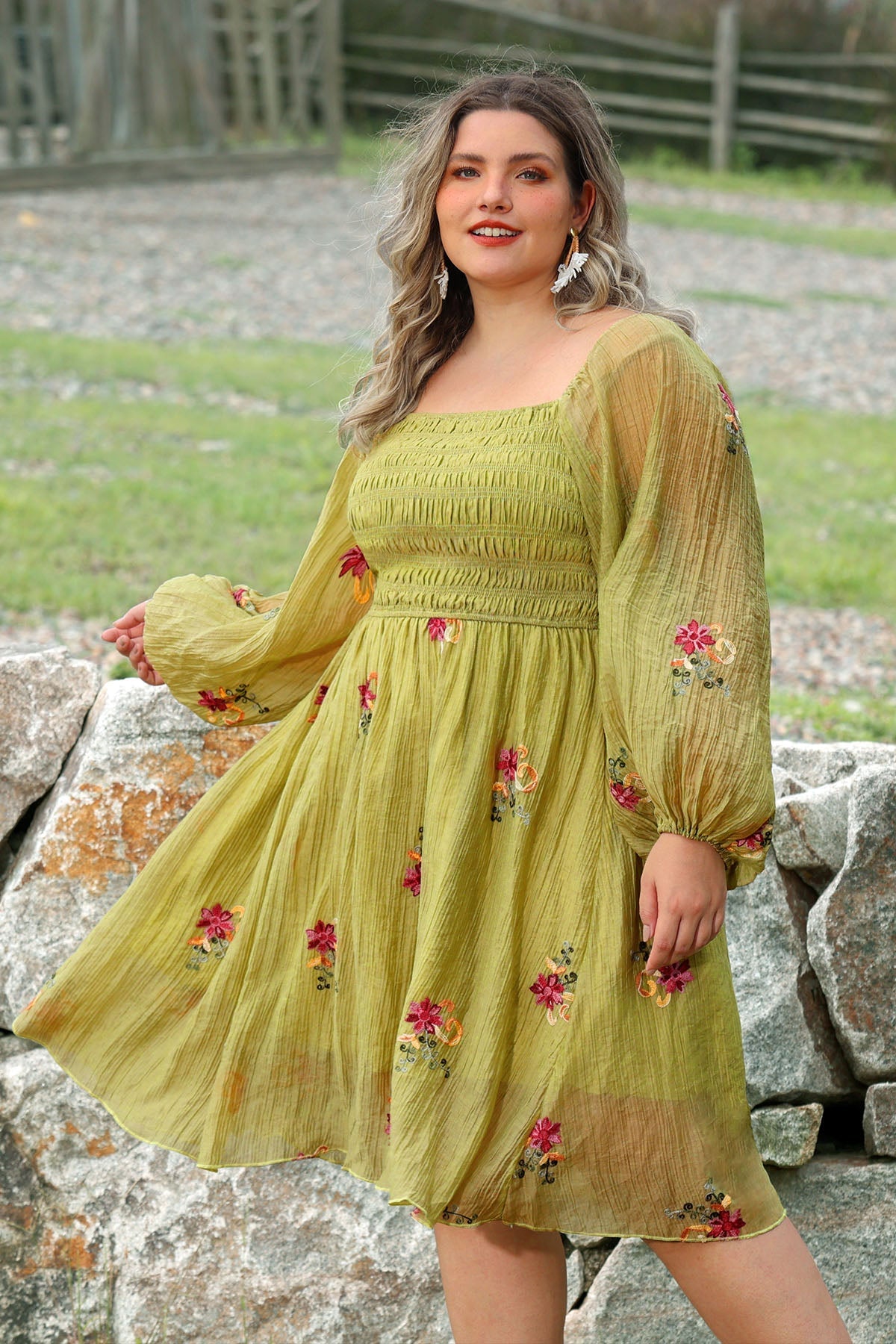 Ritera Embroidered Floral Shirred Square Neck A-line Midi Dress