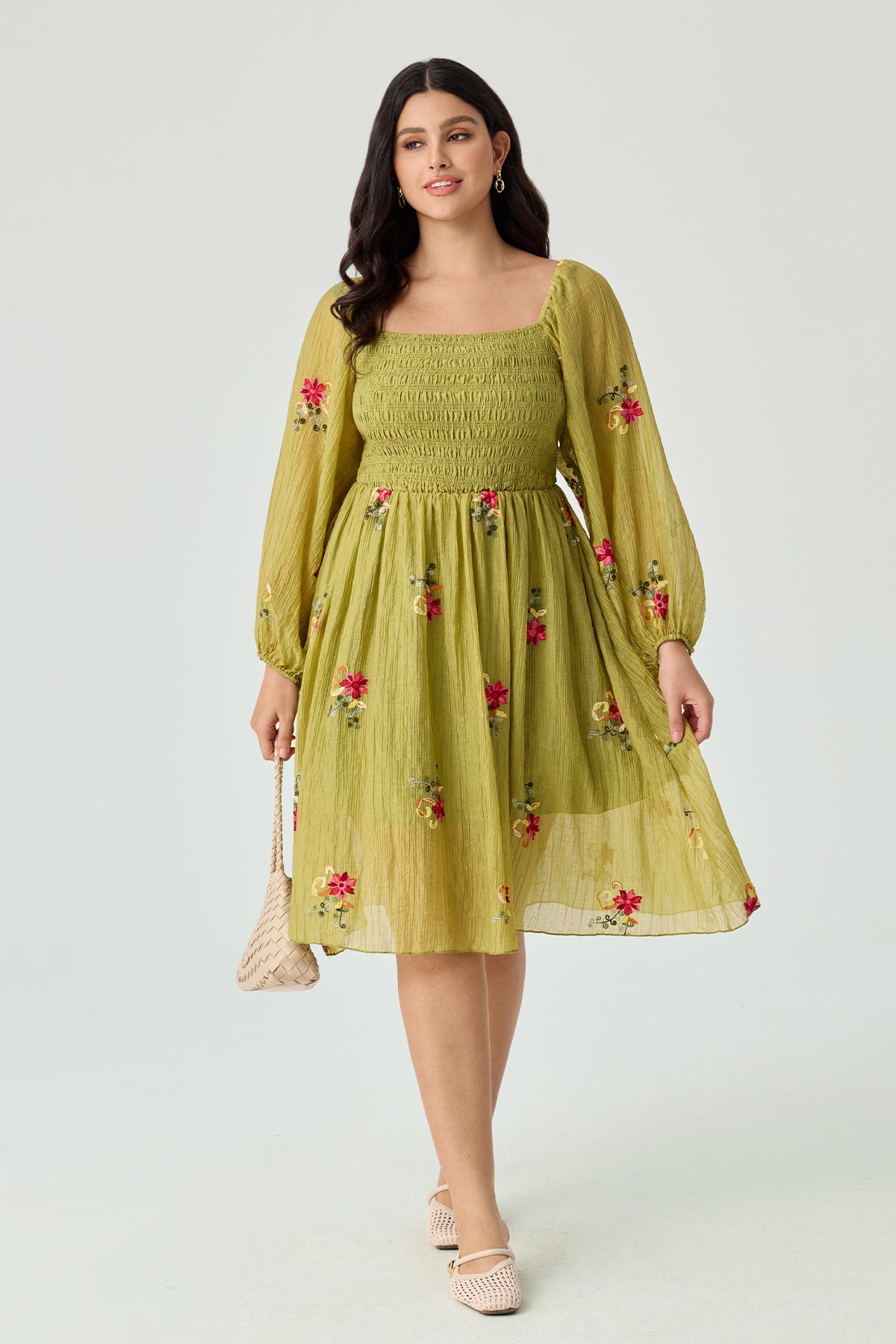 Ritera Embroidered Floral Shirred Square Neck A-line Midi Dress