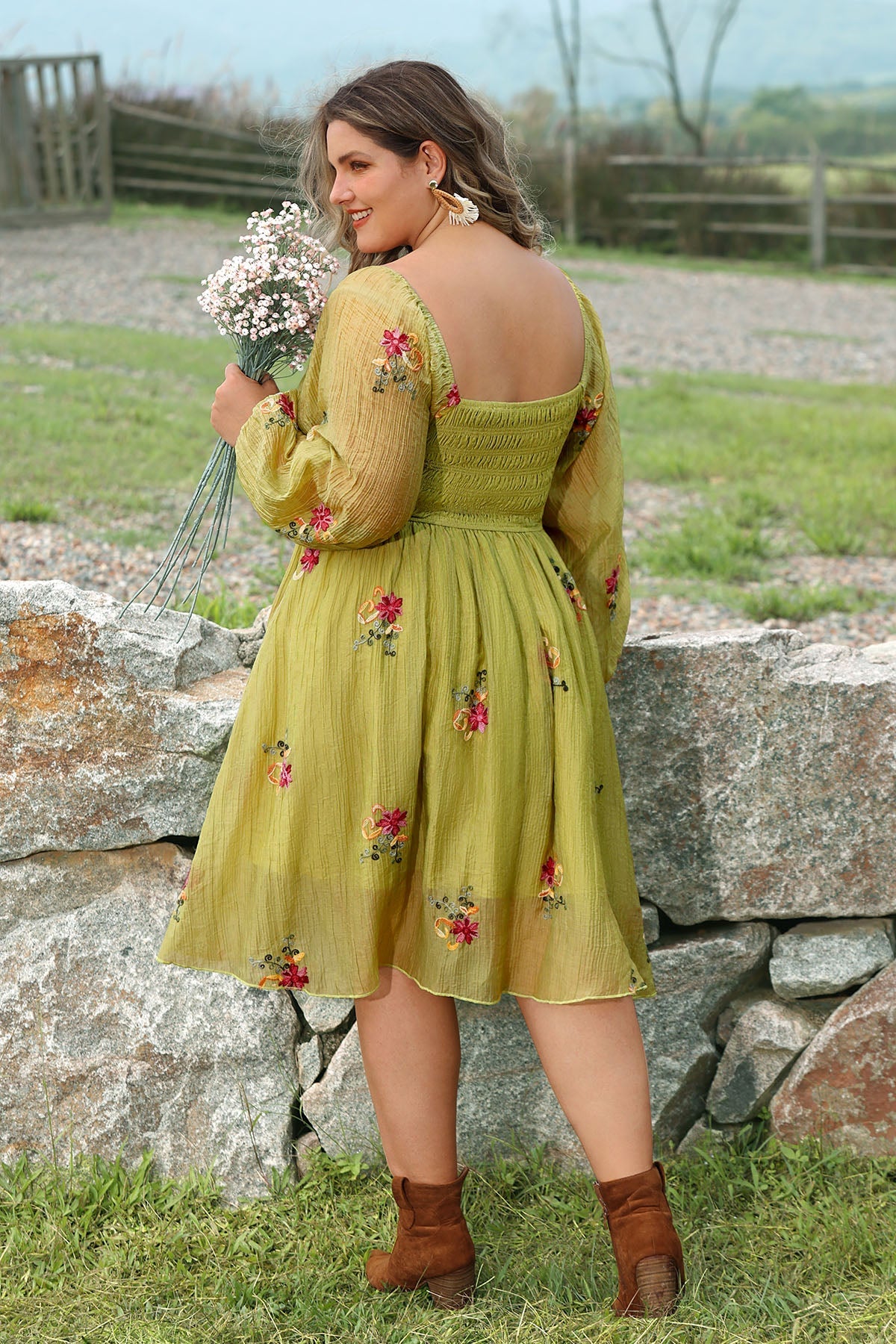 Ritera Embroidered Floral Shirred Square Neck A-line Midi Dress