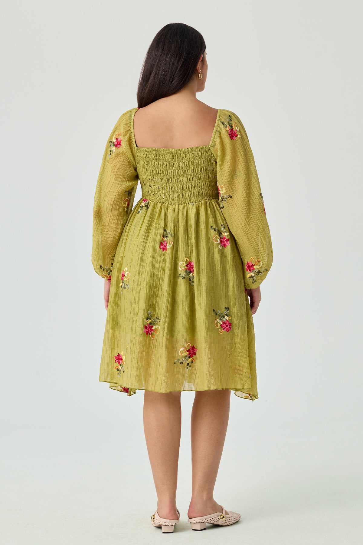 Ritera Embroidered Floral Shirred Square Neck A-line Midi Dress