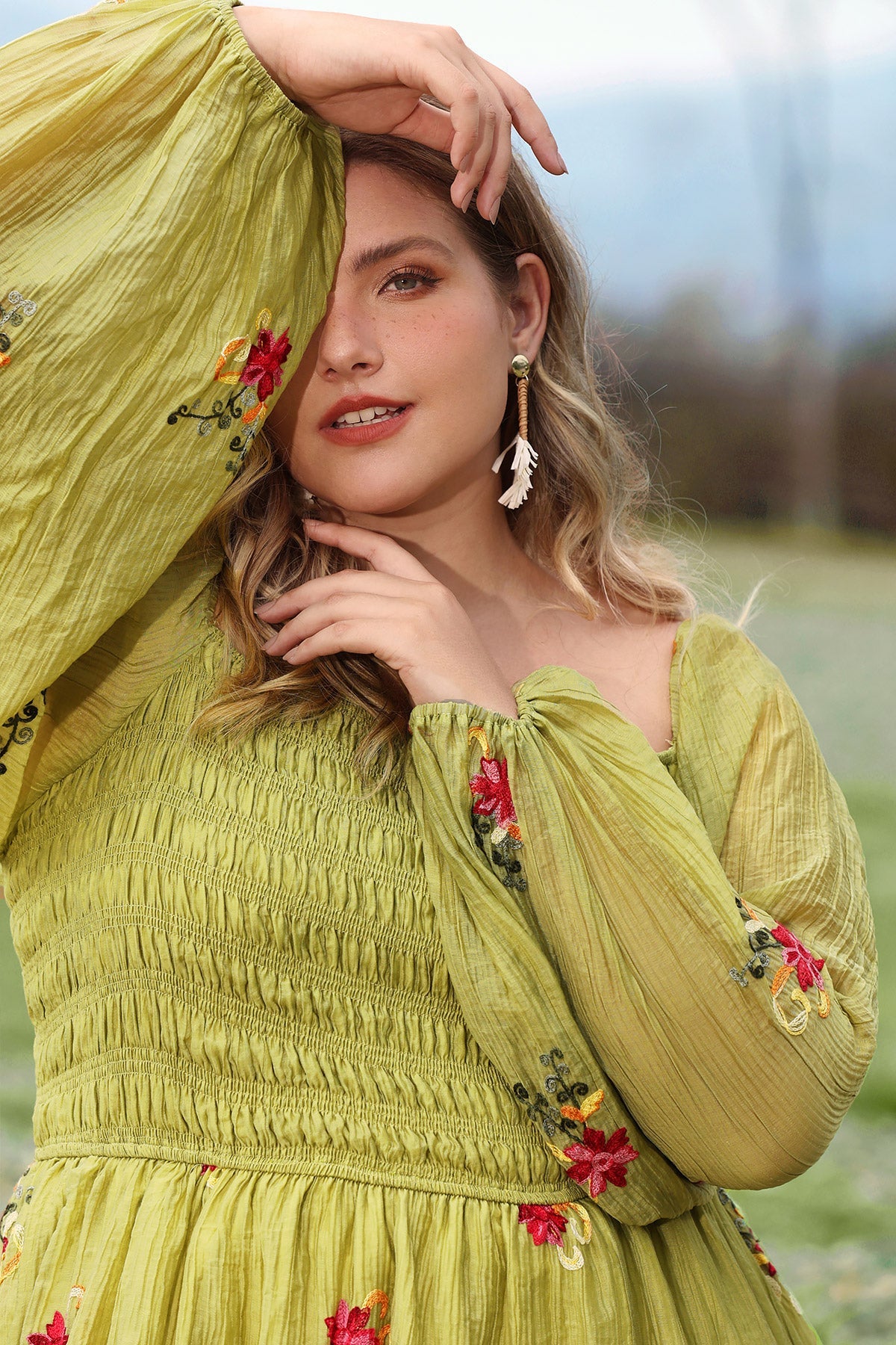 Ritera Embroidered Floral Shirred Square Neck A-line Midi Dress