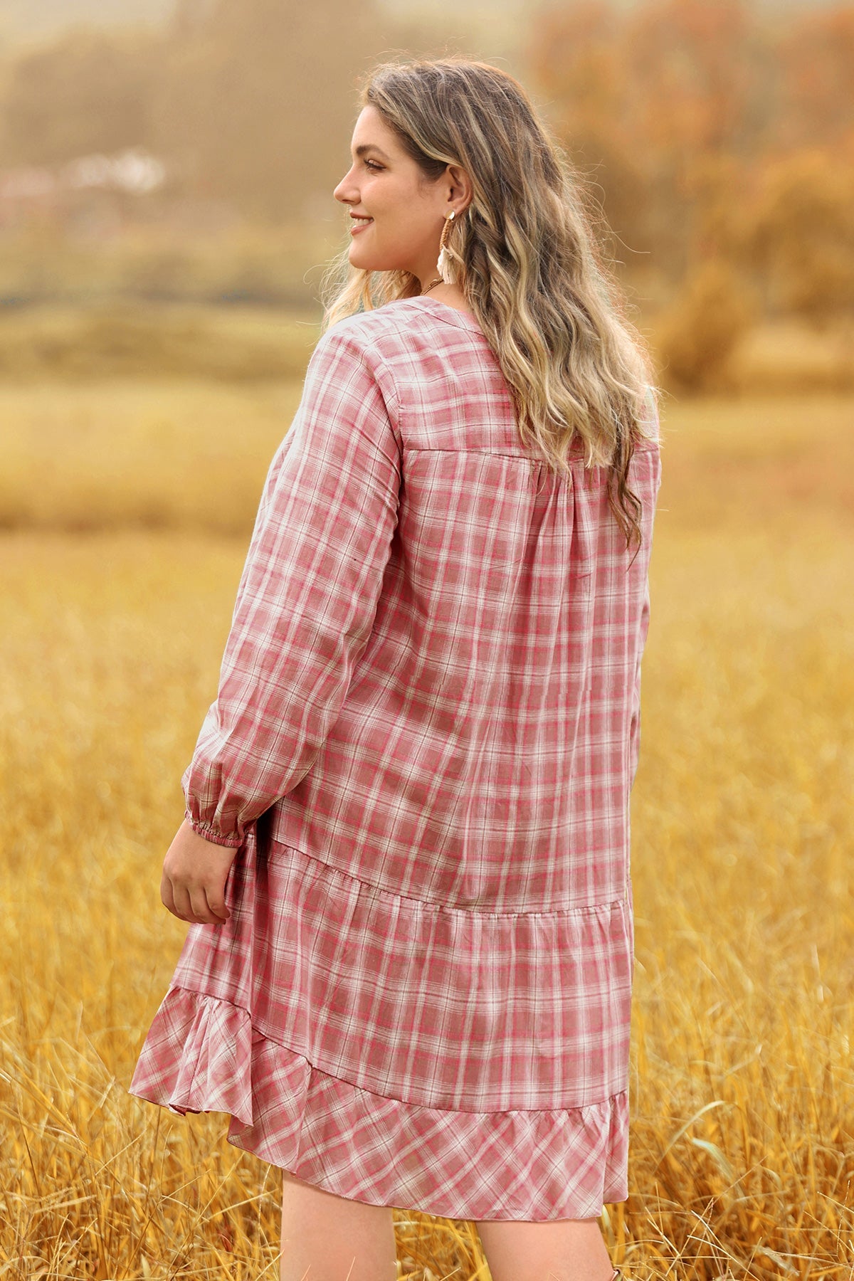 Ritera Pocket Plaid V Neck Pleated Midi Dress