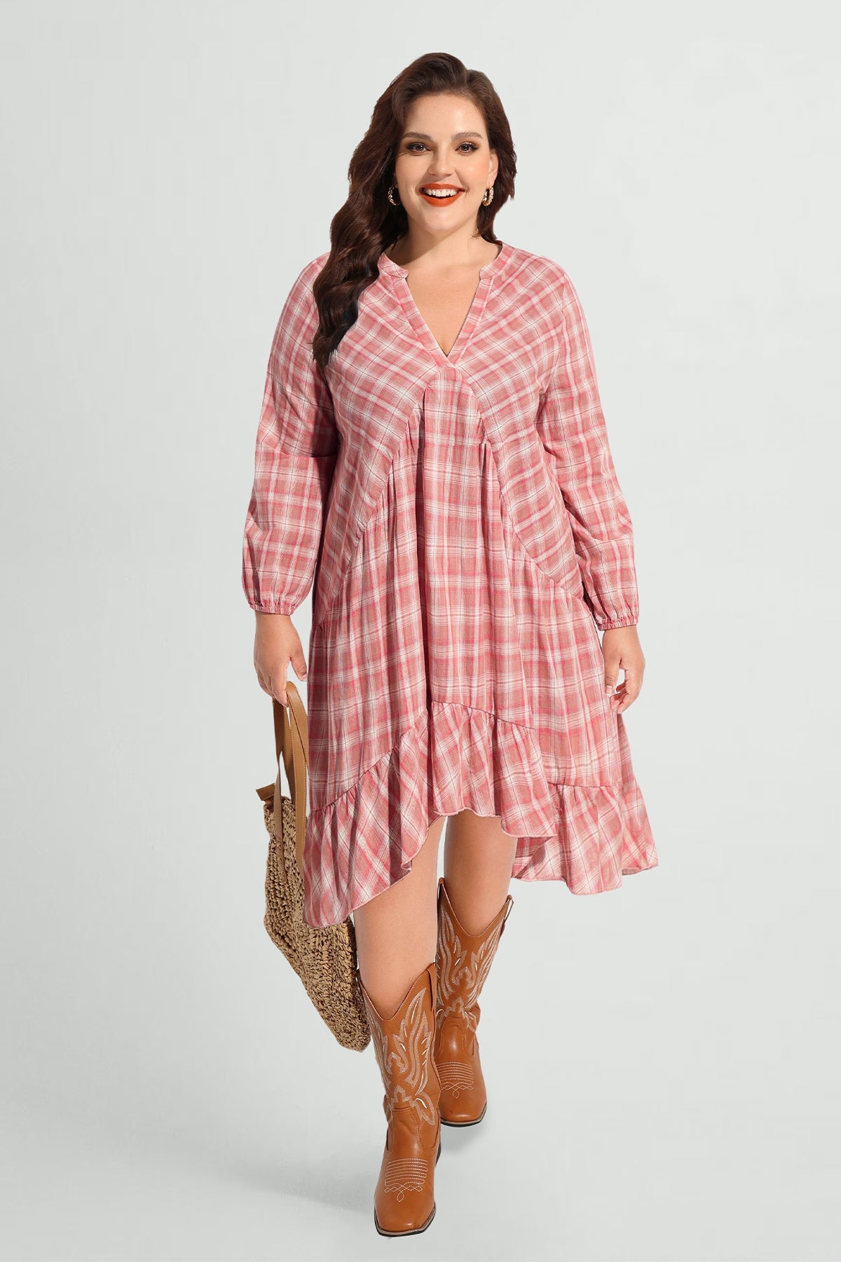 Ritera Pocket Plaid Ruffle Hem Pleated Smock Dress