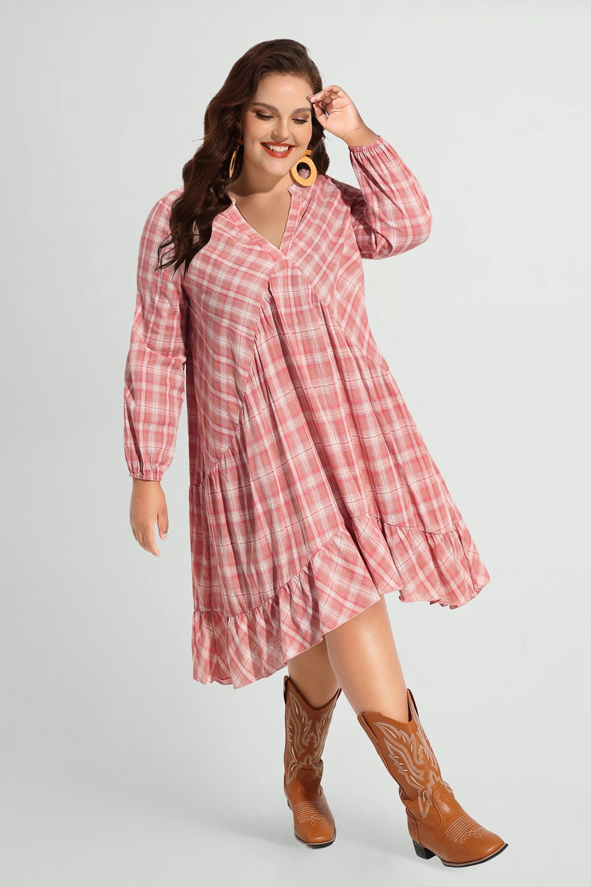 Ritera Pocket Plaid Ruffle Hem Pleated Smock Dress
