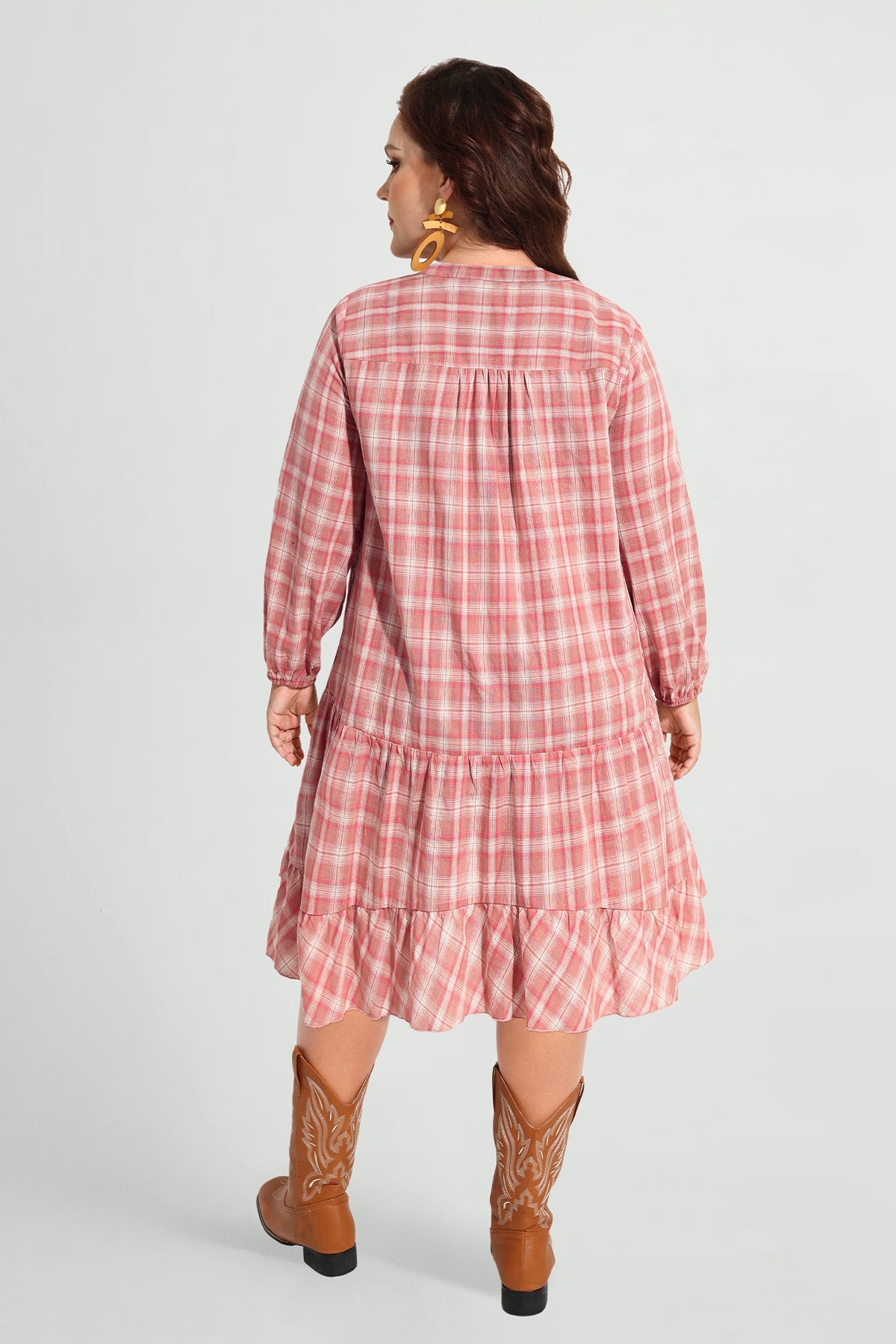 Ritera Pocket Plaid Ruffle Hem Pleated Smock Dress