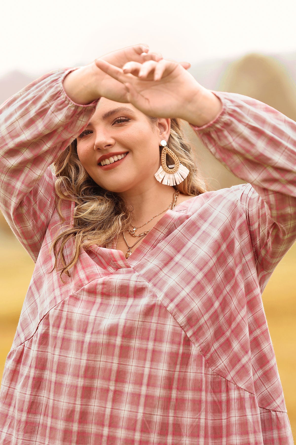 Ritera Pocket Plaid V Neck Pleated Midi Dress