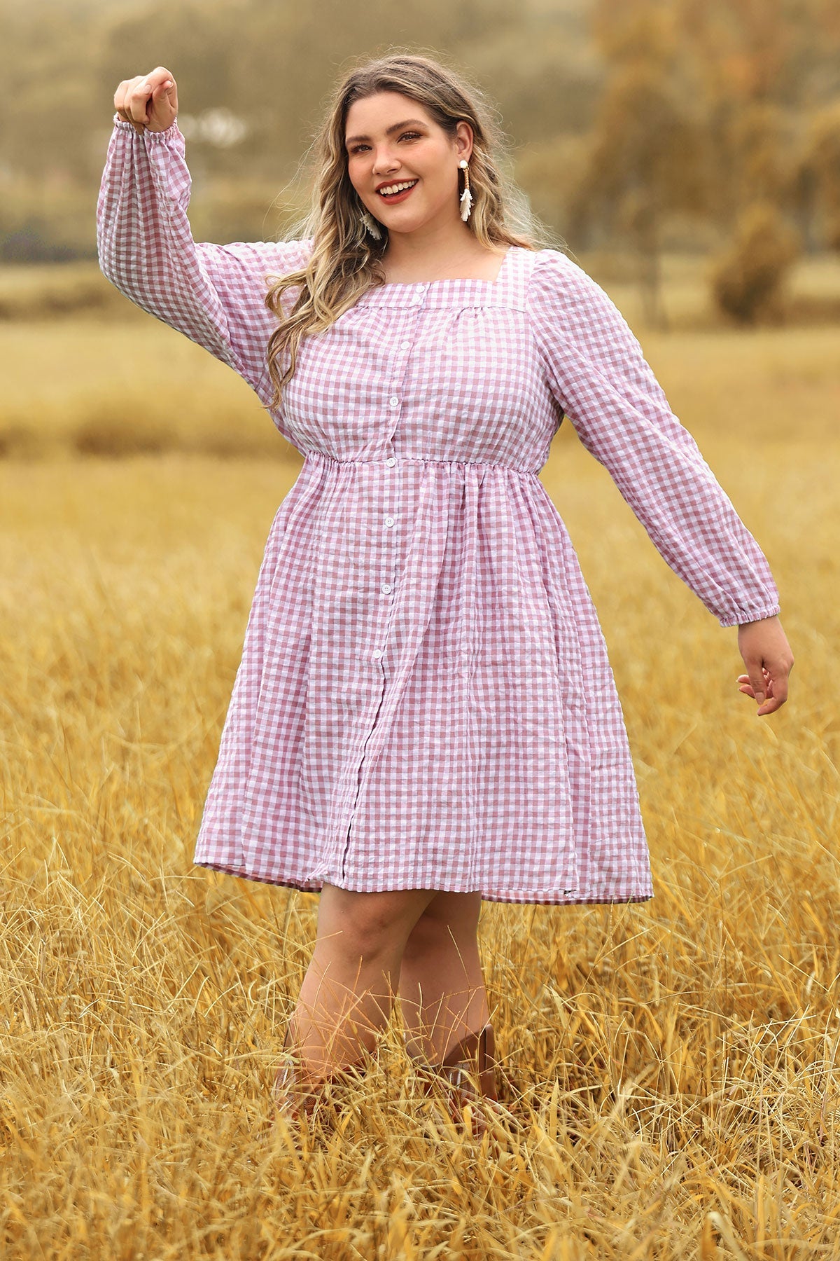 Plaid Button Down Square Neck Pleated Mini Dress