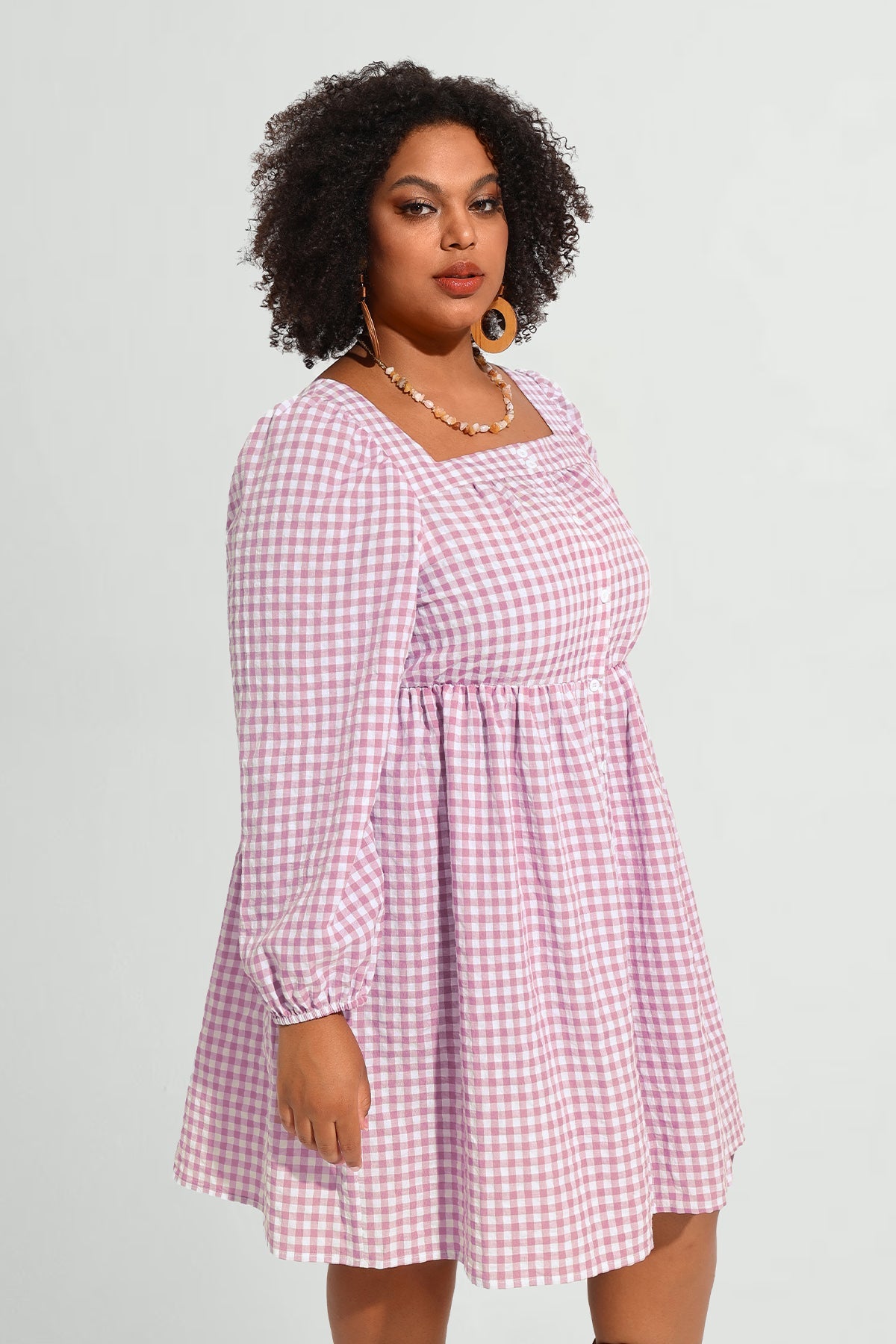 Plaid Button Down Square Neck Pleated Mini Dress