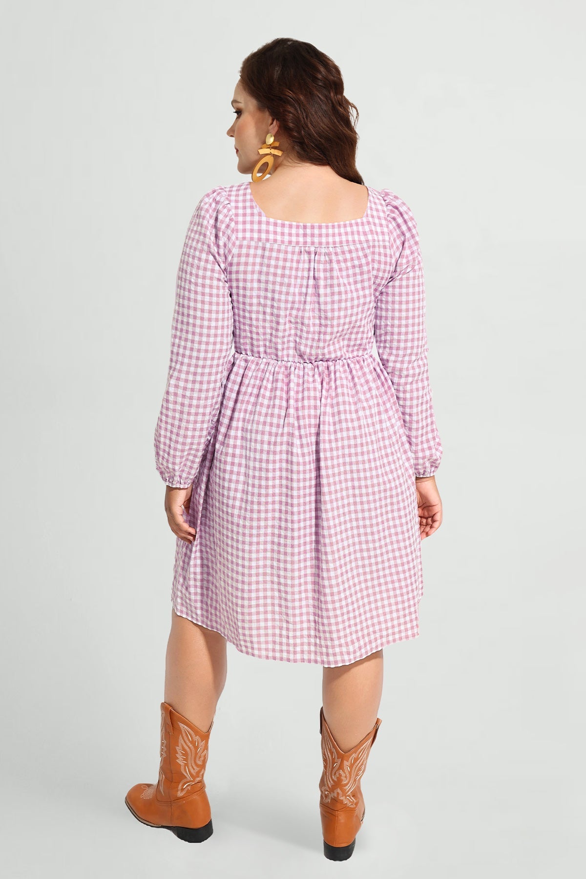Plaid Button Down Square Neck Pleated Mini Dress