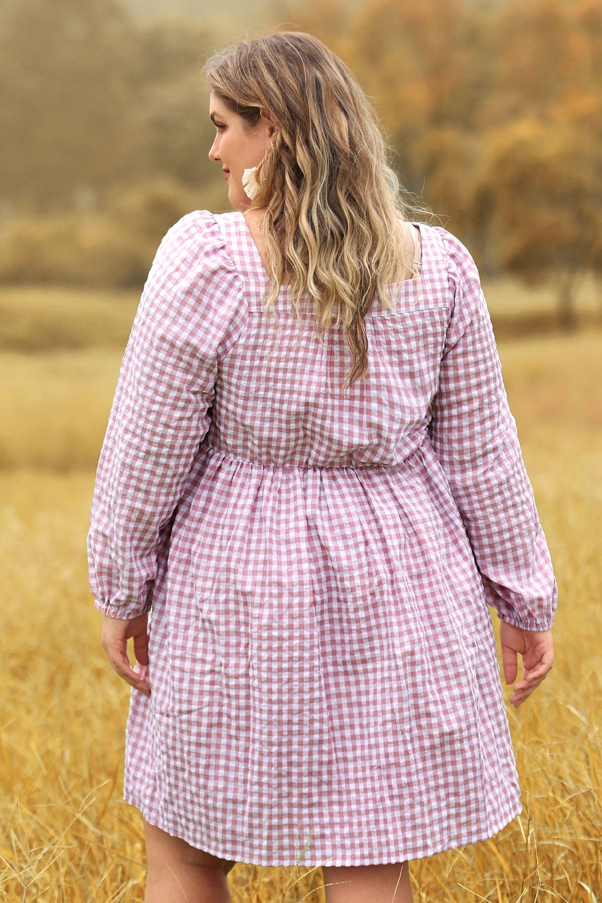 Plaid Button Down Square Neck Pleated Mini Dress