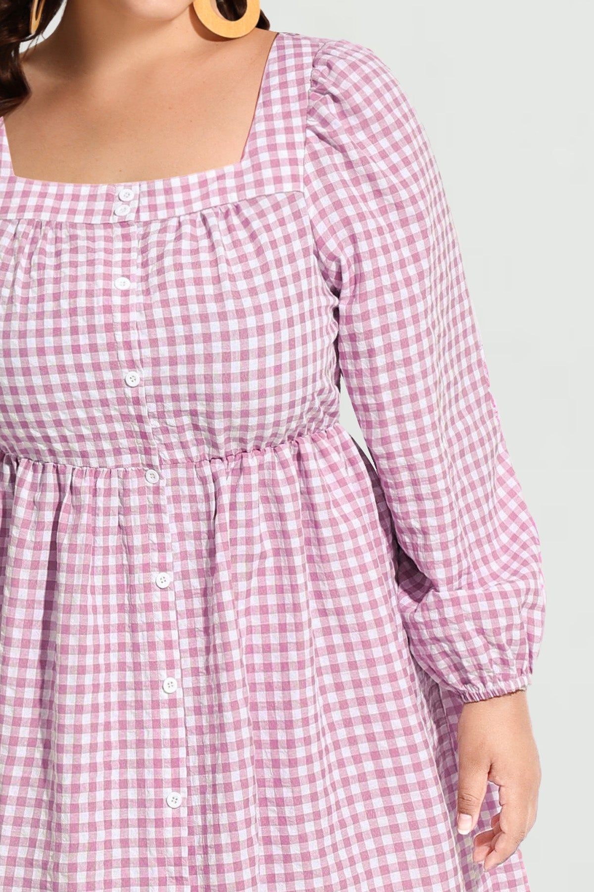 Plaid Button Down Square Neck Pleated Mini Dress