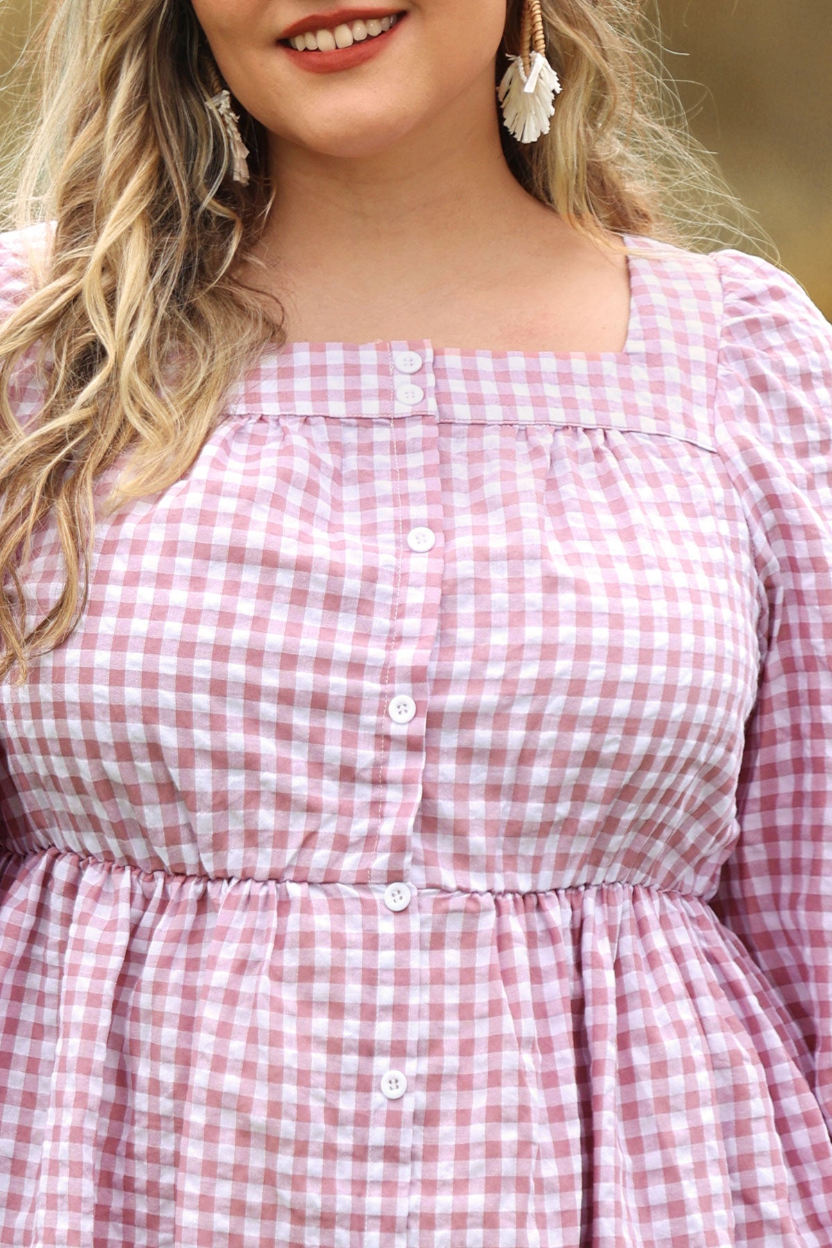 Plaid Button Down Square Neck Pleated Mini Dress