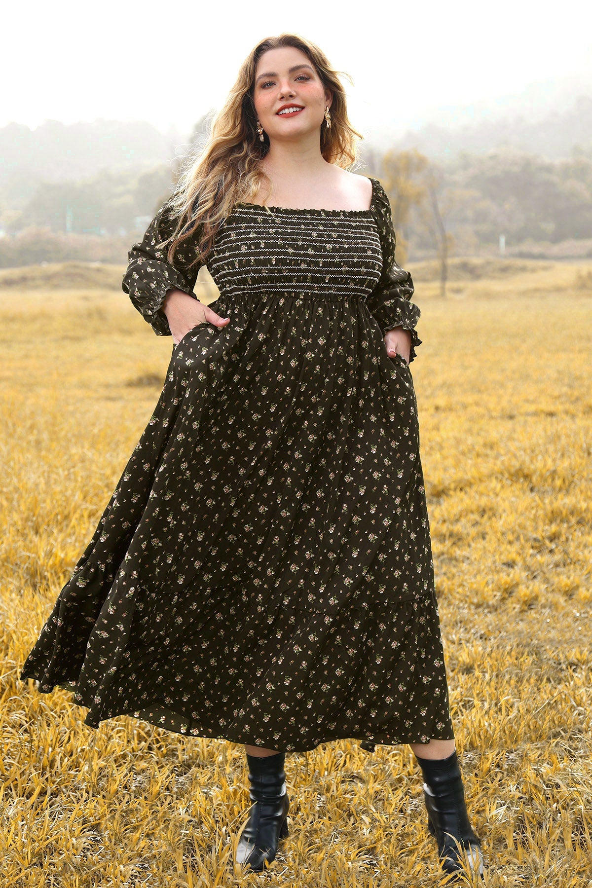 Ritera Pocket Floral Print Elastic Waist Shirred Maxi Dress