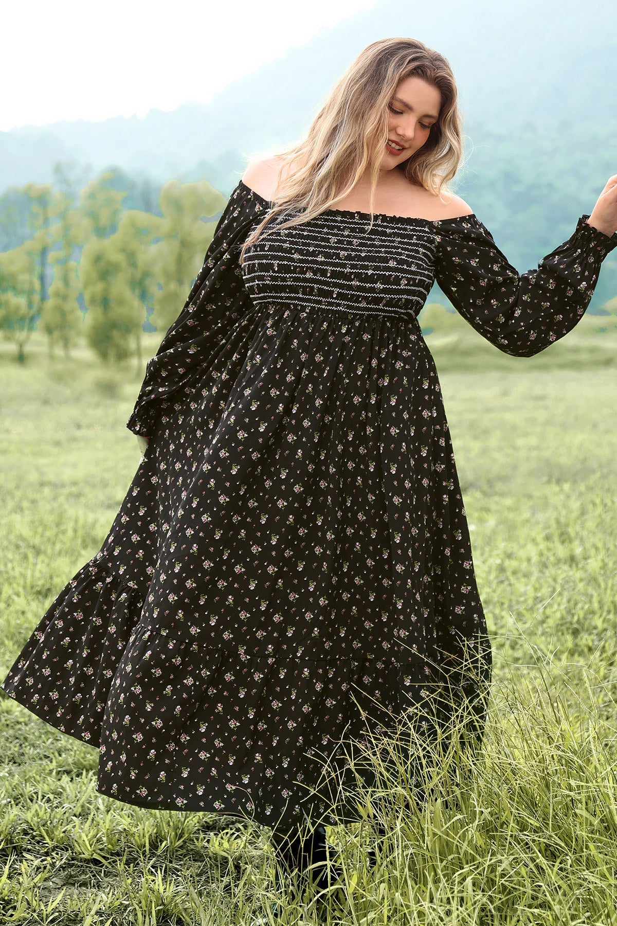 Ritera Pocket Floral Print Square Neck Tiered Maxi Dress