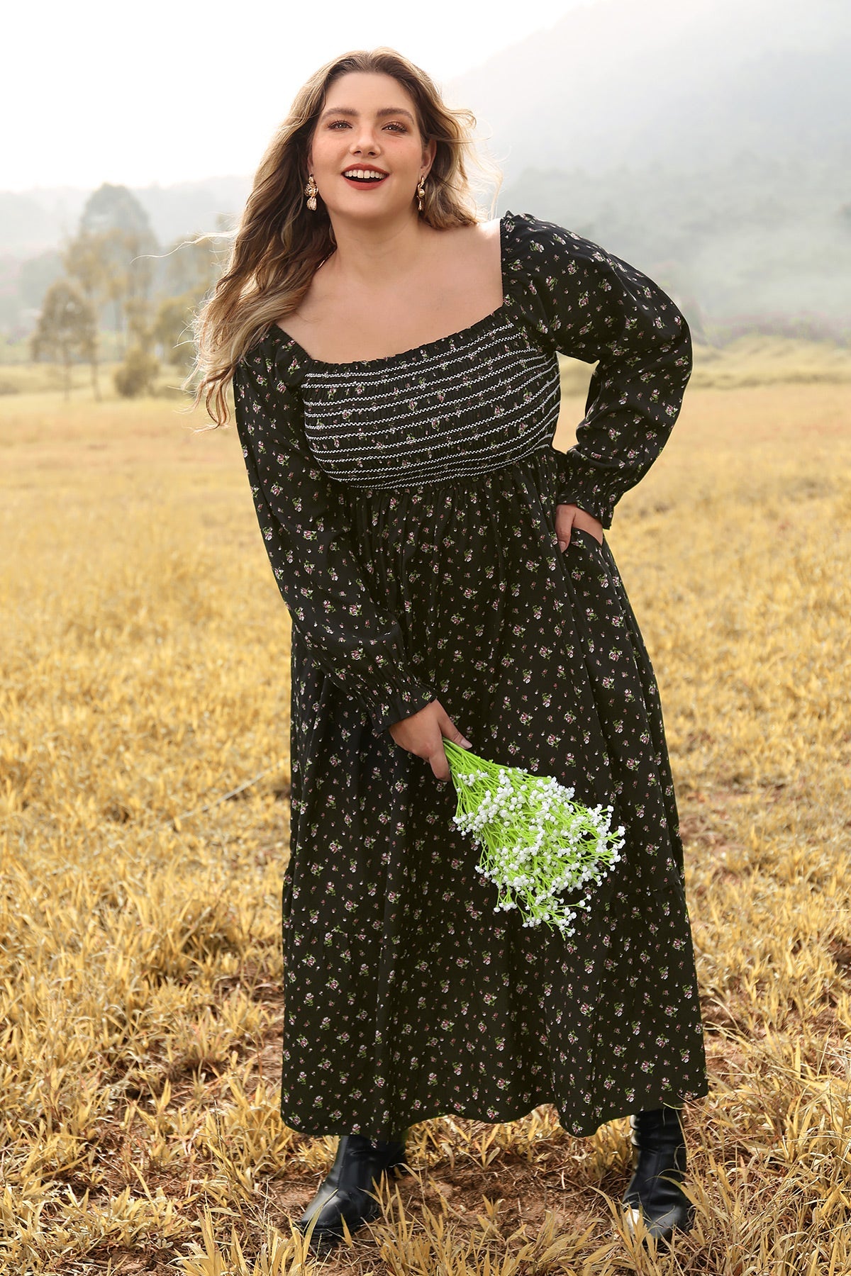 Ritera Pocket Floral Print Elastic Waist Shirred Maxi Dress