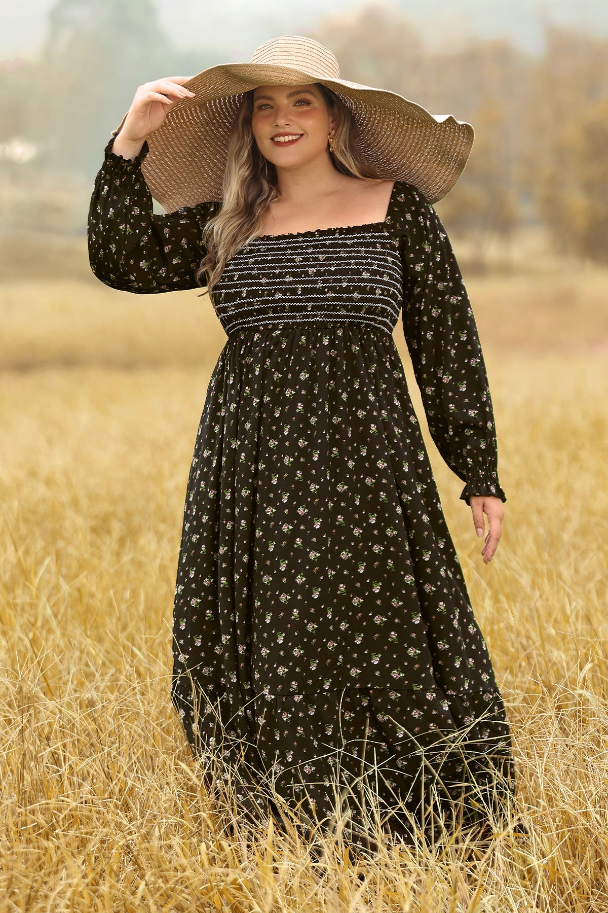 Ritera Pocket Floral Print Elastic Waist Shirred Maxi Dress